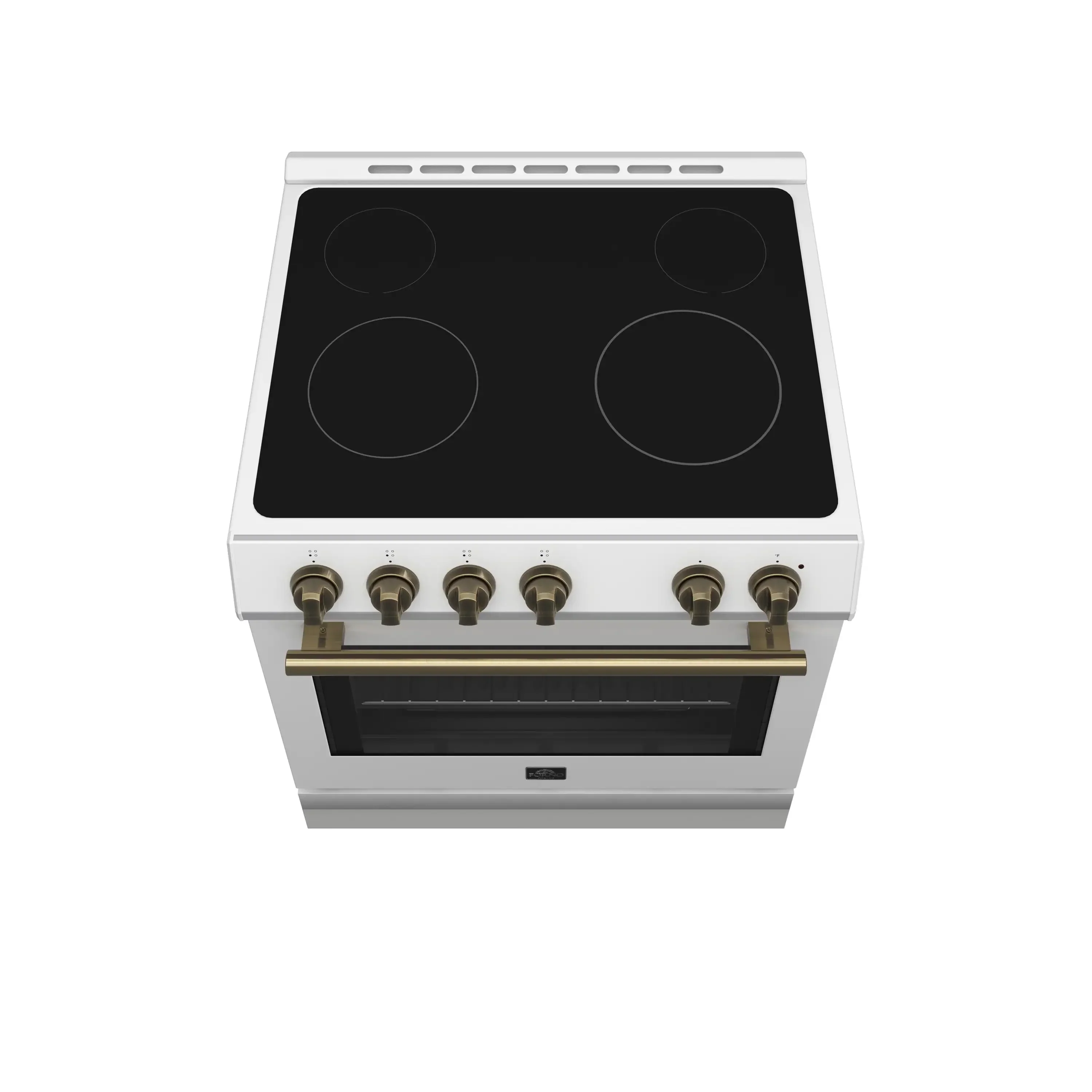 Forno 4-Piece Appliance Package - 30-Inch Espresso Electric Range , Wall Mount Range Hood, 60-Inch Built-In Convertible Refrigerator, and Dishwasher in White with Antique Brass Handle - Image 4