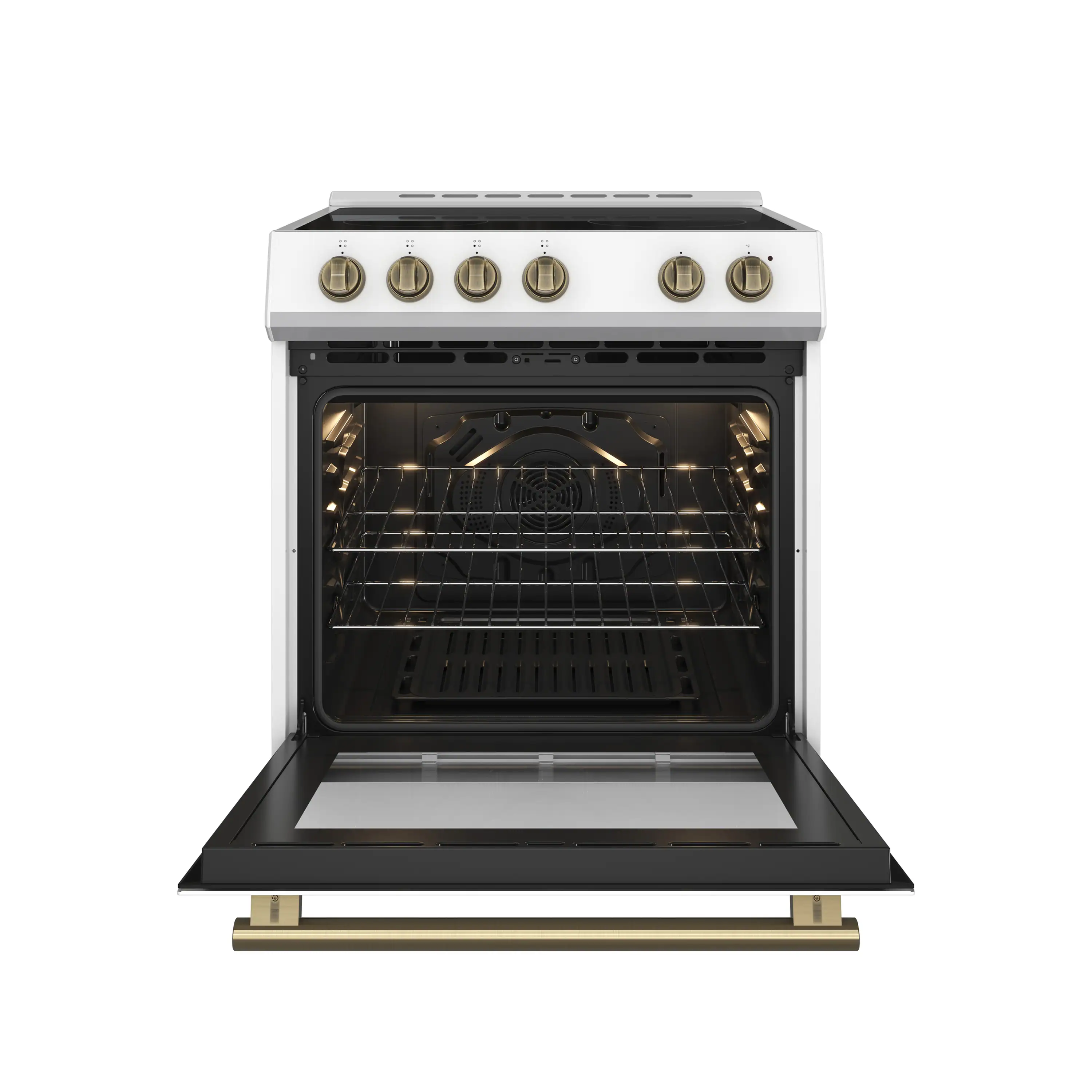 Forno 4-Piece Appliance Package - 30-Inch Espresso Electric Range , Wall Mount Range Hood, 60-Inch Built-In Convertible Refrigerator, and Dishwasher in White with Antique Brass Handle - Image 5