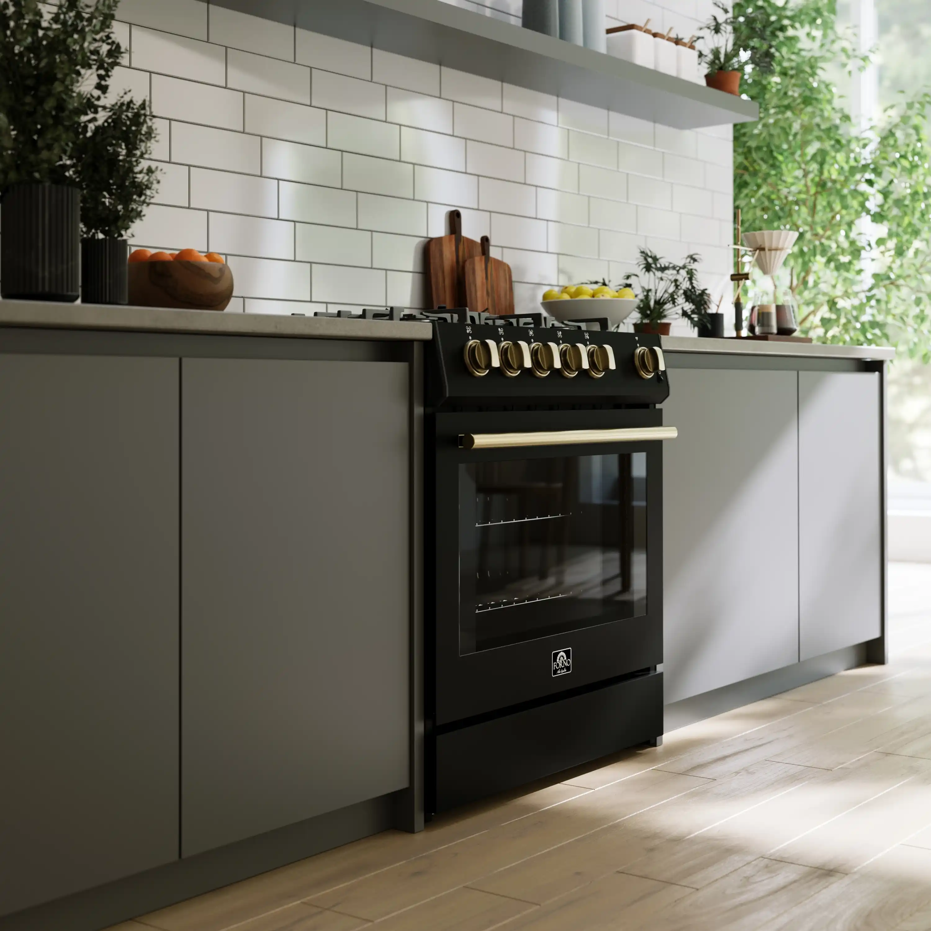 Forno 4-Piece Appliance Package - 30-Inch Espresso Gas Range , Wall Mount Range Hood, 36-Inch French Door Refrigerator, and Dishwasher in Black with Antique Brass Handle - Image 3