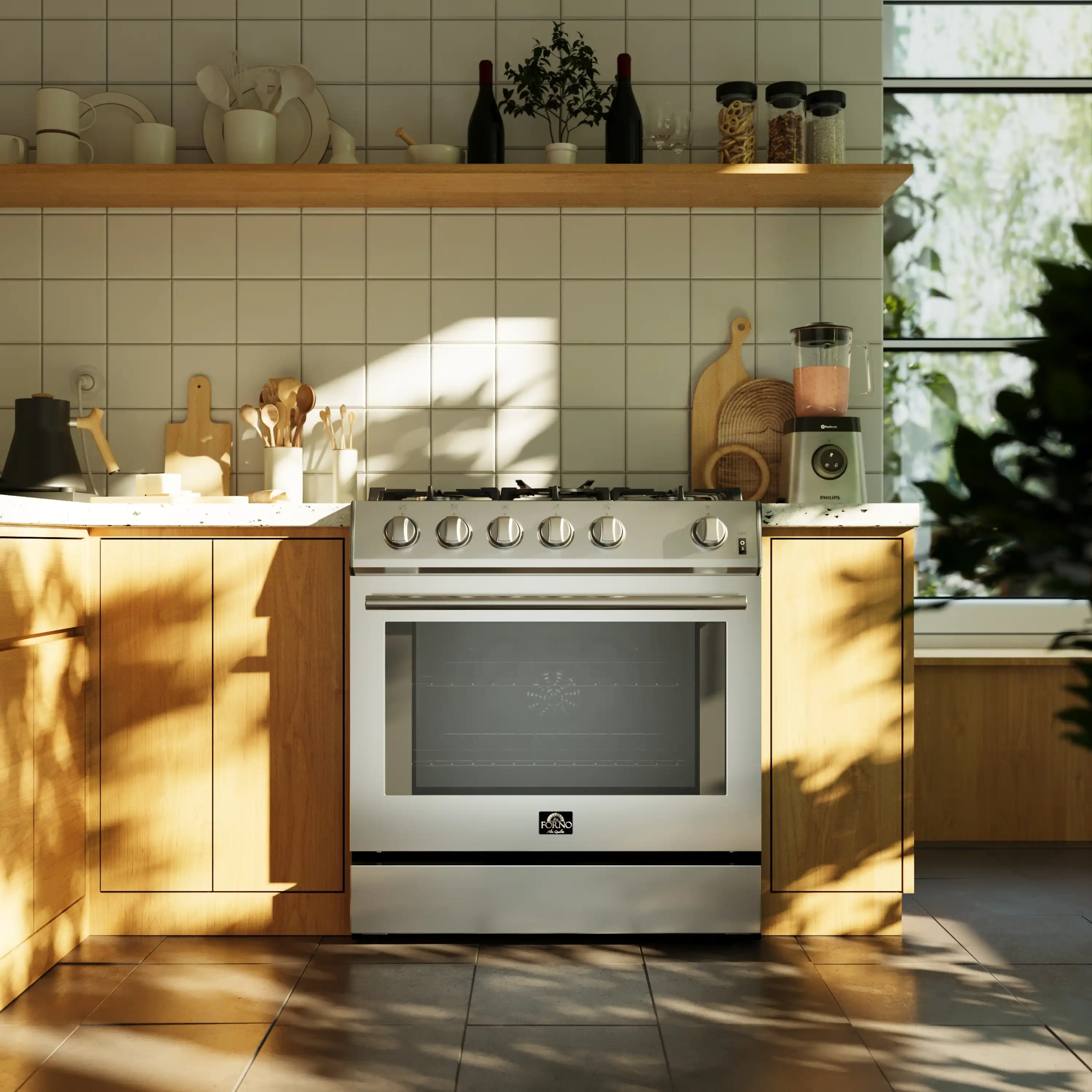 Forno 4-Piece Appliance Package - 30-Inch Espresso Gas Range , Wall Mount Range Hood, 36-Inch French Door Refrigerator, and Dishwasher in Stainless Steel - Image 3