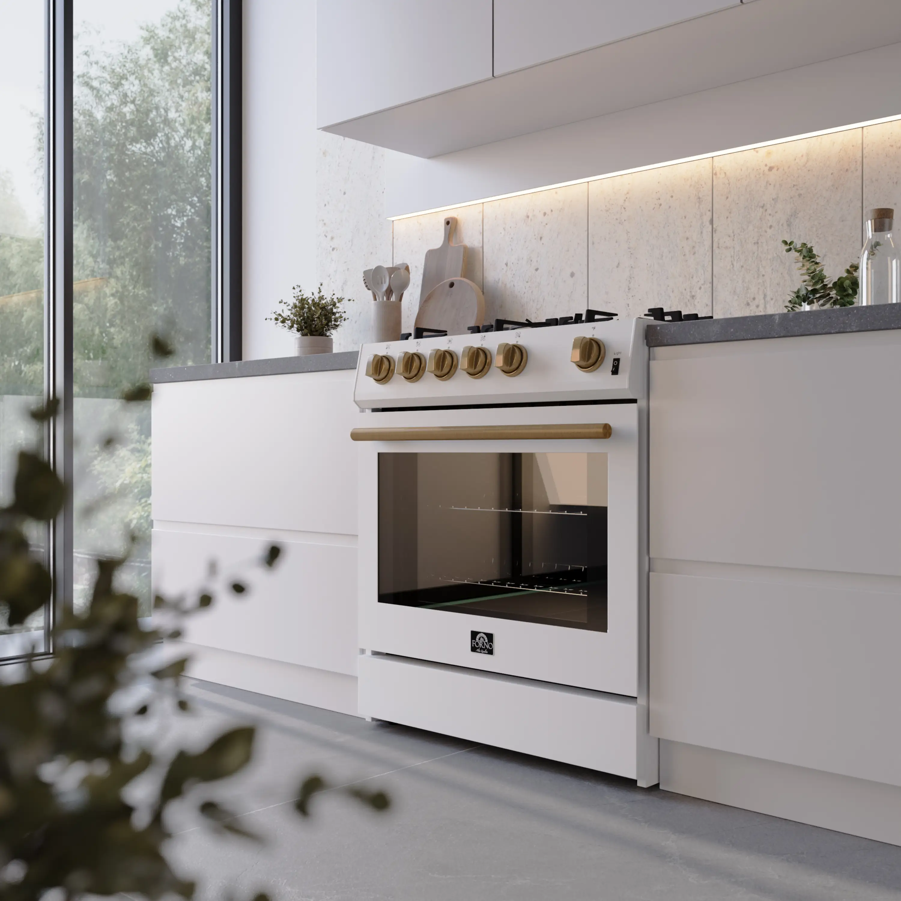 Forno 4-Piece Appliance Package - 30-Inch Espresso Gas Range , Wall Mount Range Hood, 36-Inch French Door Refrigerator, and Dishwasher in White with Antique Brass Handle - Image 3