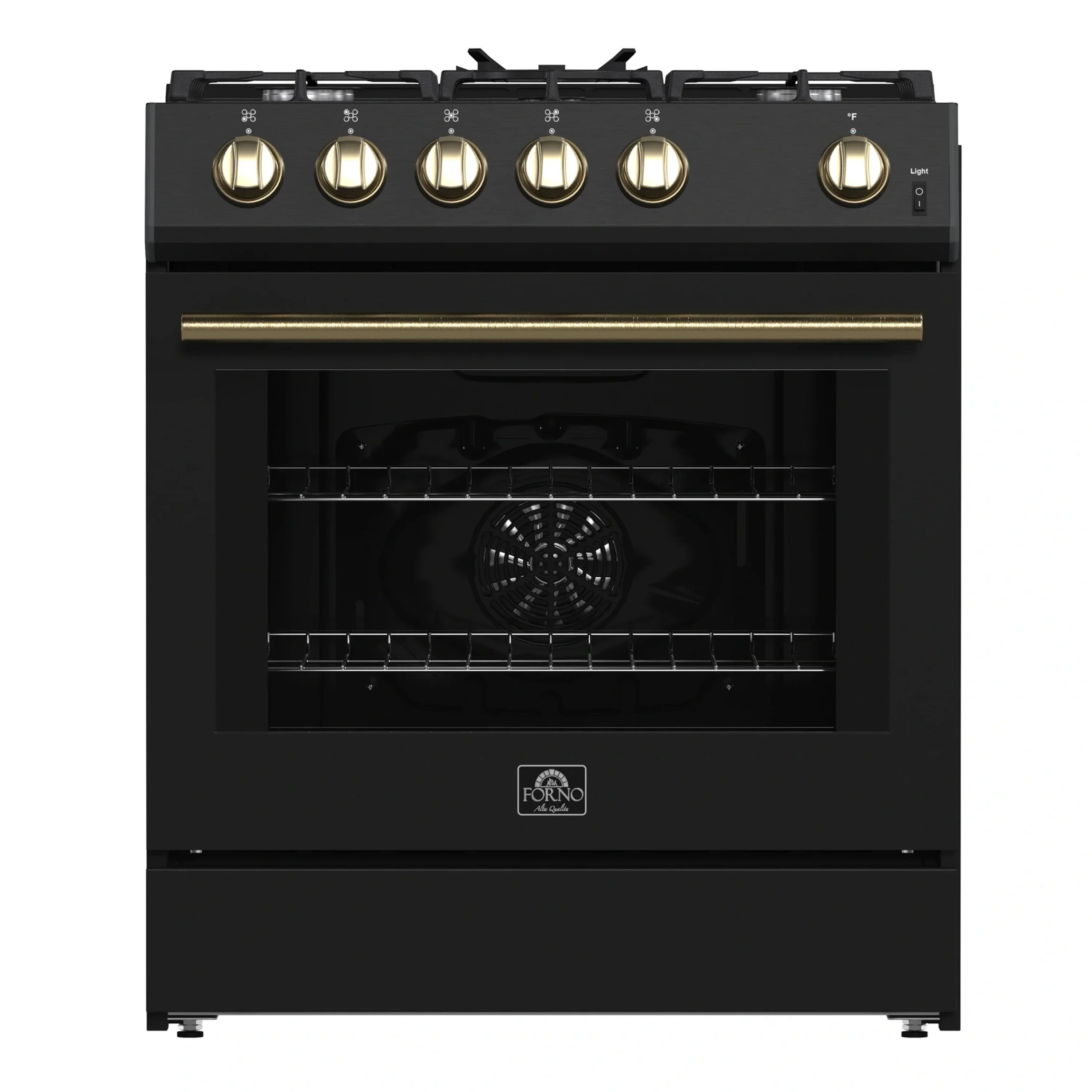 Forno 4-Piece Appliance Package - 30-Inch Espresso Gas Range , Wall Mount Range Hood, 60-Inch Built-In Convertible Refrigerator, and Dishwasher in Black with Antique Brass Handle - Image 2