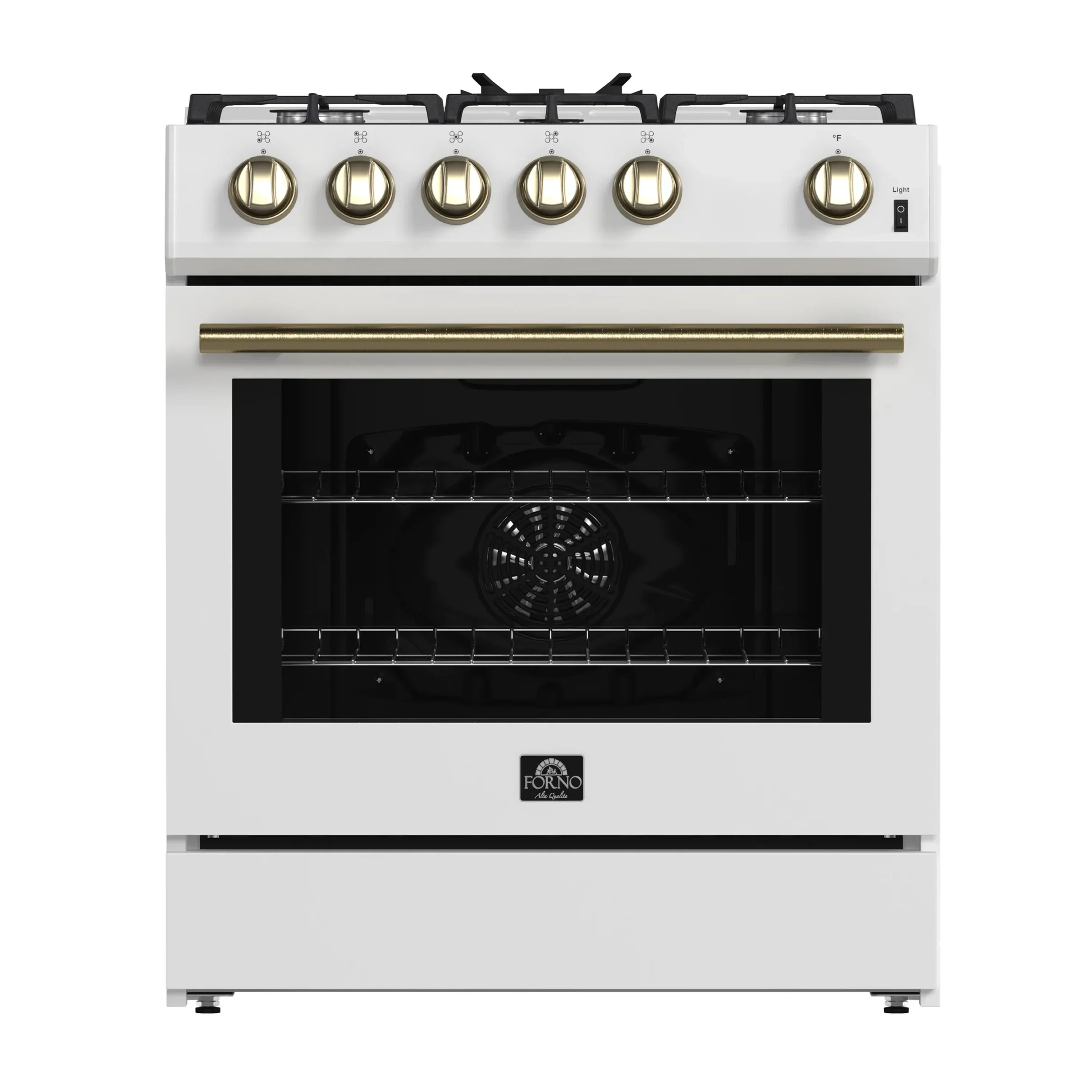 Forno 4-Piece Appliance Package - 30-Inch Espresso Gas Range , Wall Mount Range Hood, 60-Inch Built-In Convertible Refrigerator, and Dishwasher in White with Antique Brass Handle - Image 2