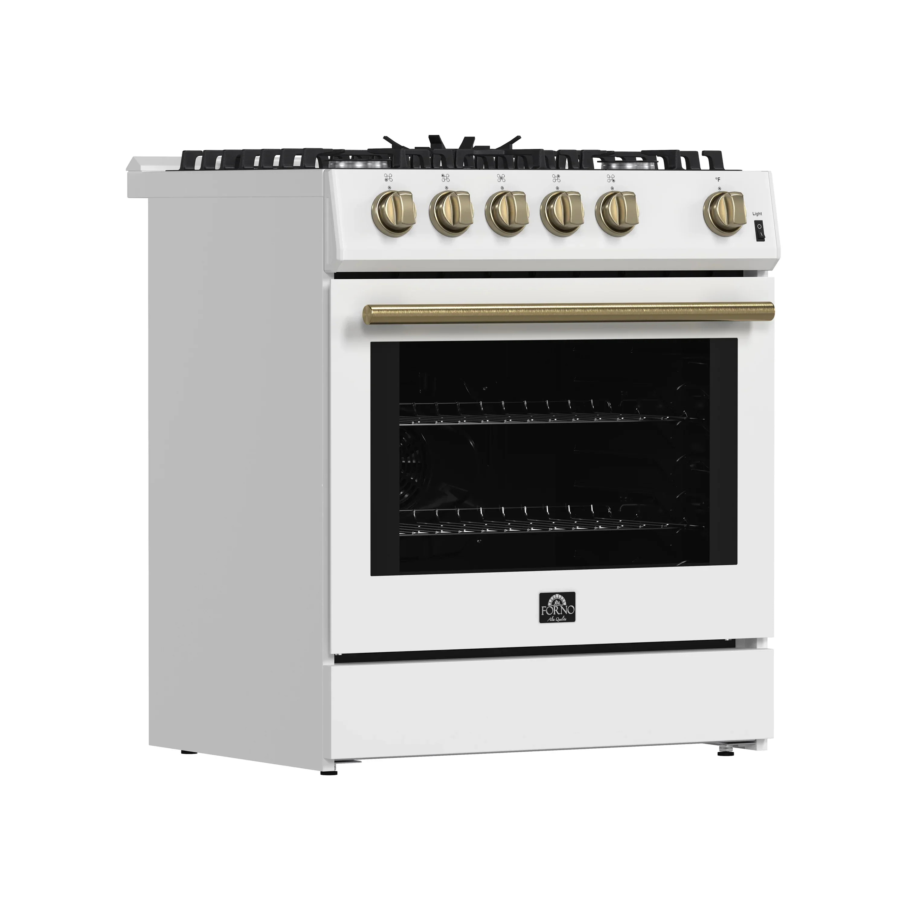 Forno 4-Piece Appliance Package - 30-Inch Espresso Gas Range , Wall Mount Range Hood, 60-Inch Built-In Convertible Refrigerator, and Dishwasher in White with Antique Brass Handle - Image 4