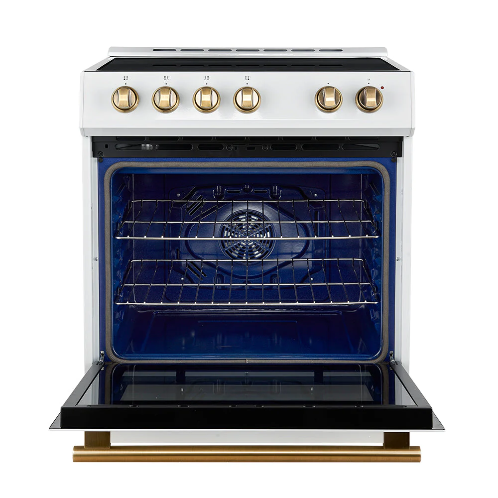 Forno 4-Piece Appliance Package - 30-Inch Espresso Induction Range , Wall Mount Range Hood, 60-Inch Built-In Convertible Refrigerator, and Dishwasher in White with Antique Brass Handle - Image 5