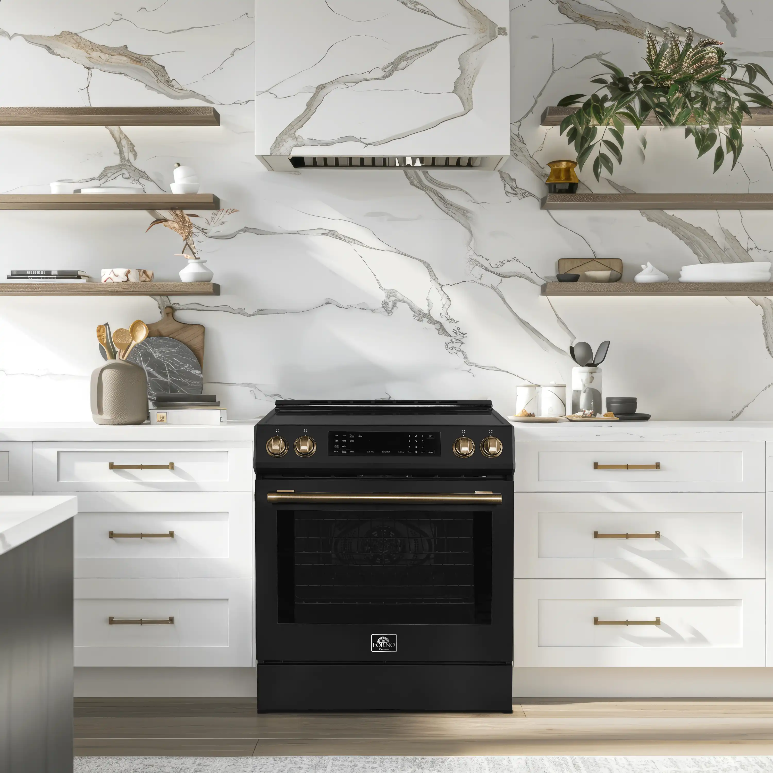 Forno 4-Piece Appliance Package - 30-Inch Espresso Induction Range , Wall Mount Range Hood, 36-Inch French Door Refrigerator, and Dishwasher in Black with Antique Brass Handle - Image 3