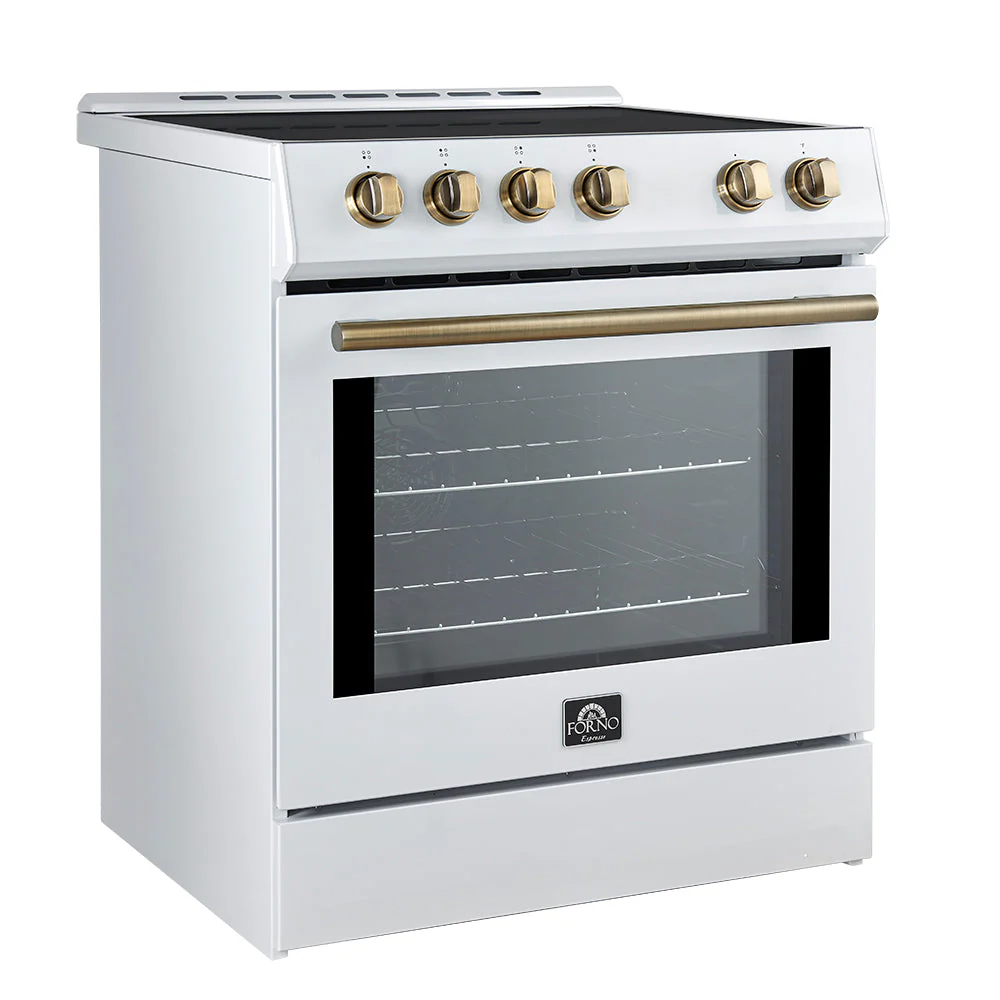 Forno 4-Piece Appliance Package - 30-Inch Espresso Induction Range , Wall Mount Range Hood, 36-Inch French Door Refrigerator, and Dishwasher in White with Antique Brass Handle - Image 3