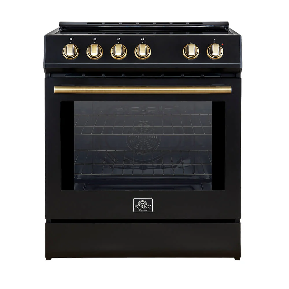 Forno 4-Piece Appliance Package - 30-Inch Espresso Induction Range , Wall Mount Range Hood, 60-Inch Built-In Convertible Refrigerator, and Dishwasher in Black with Antique Brass Handle - Image 2