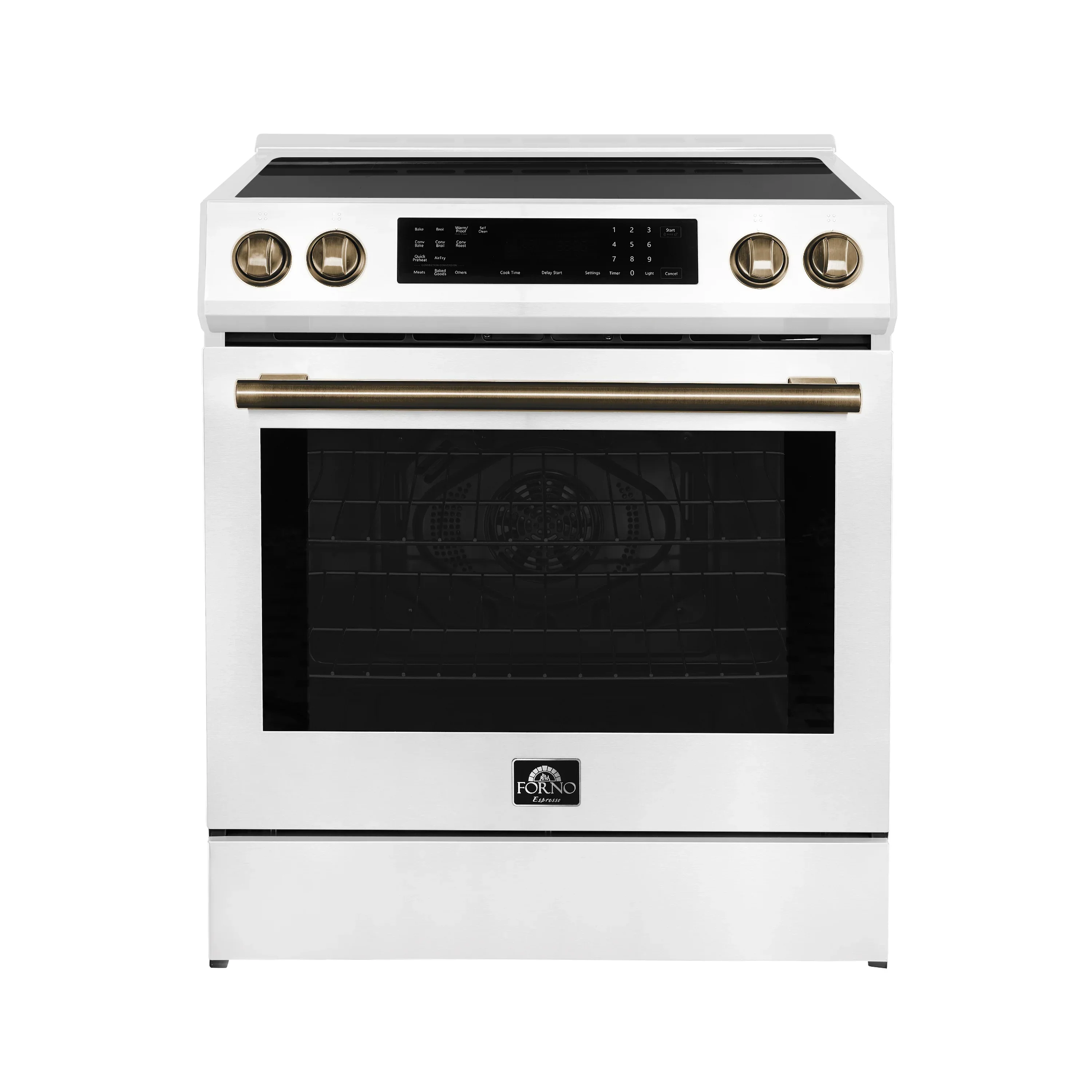Forno 4-Piece Appliance Package - 30-Inch Espresso Induction Range , Wall Mount Range Hood, 60-Inch Built-In Convertible Refrigerator, and Dishwasher in White with Antique Brass Handle - Image 2