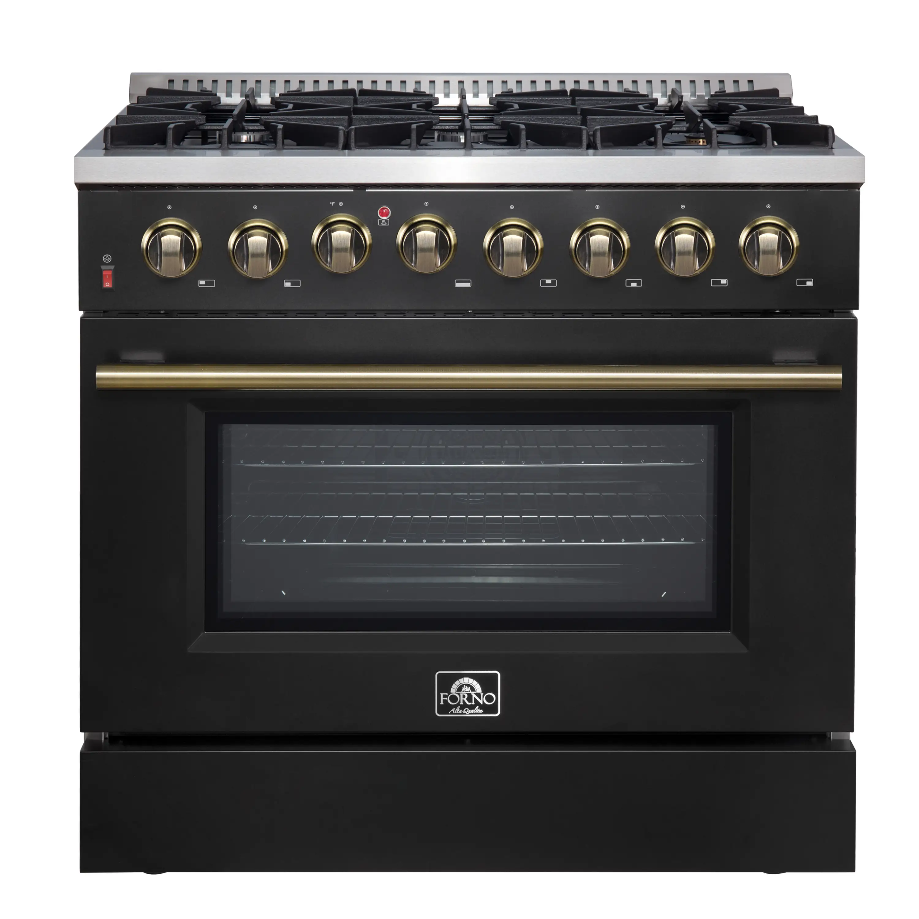 Forno 4-Piece Appliance Package - 36-Inch Dual Fuel Range, Wall Mount Range Hood, 36-Inch French Door Refrigerator, and Dishwasher in Black with Antique Brass Handle - Image 2