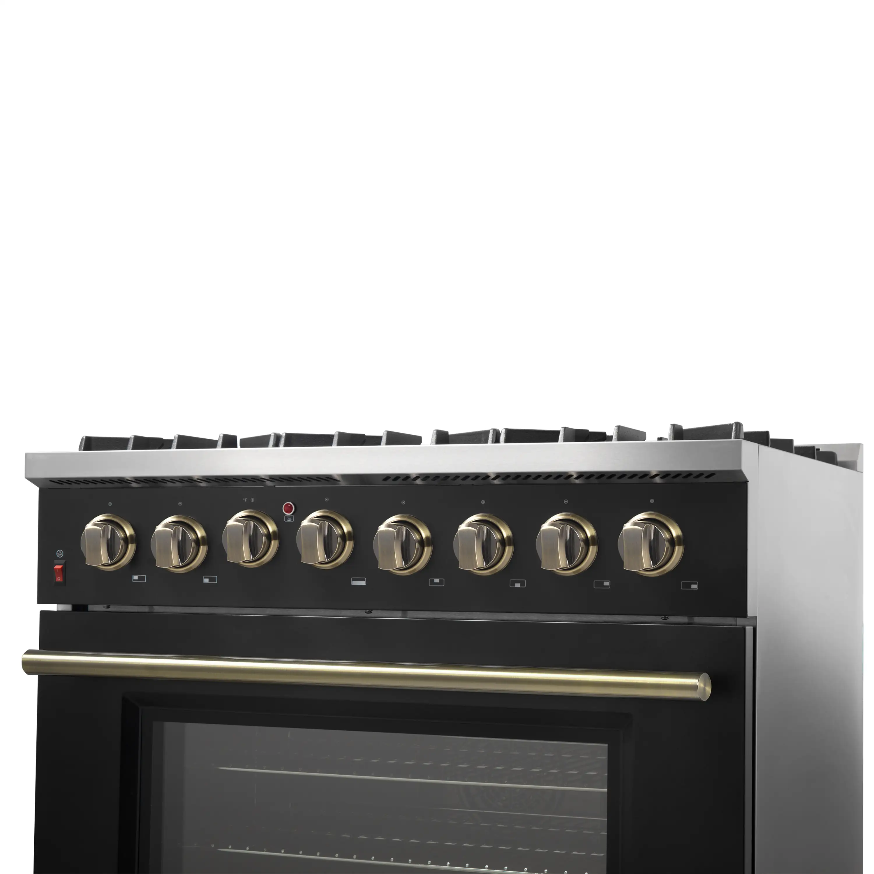 Forno 4-Piece Appliance Package - 36-Inch Dual Fuel Range, Wall Mount Range Hood, 60-Inch Built-In Convertible Refrigerator, and Dishwasher in Black with Antique Brass Handle - Image 12