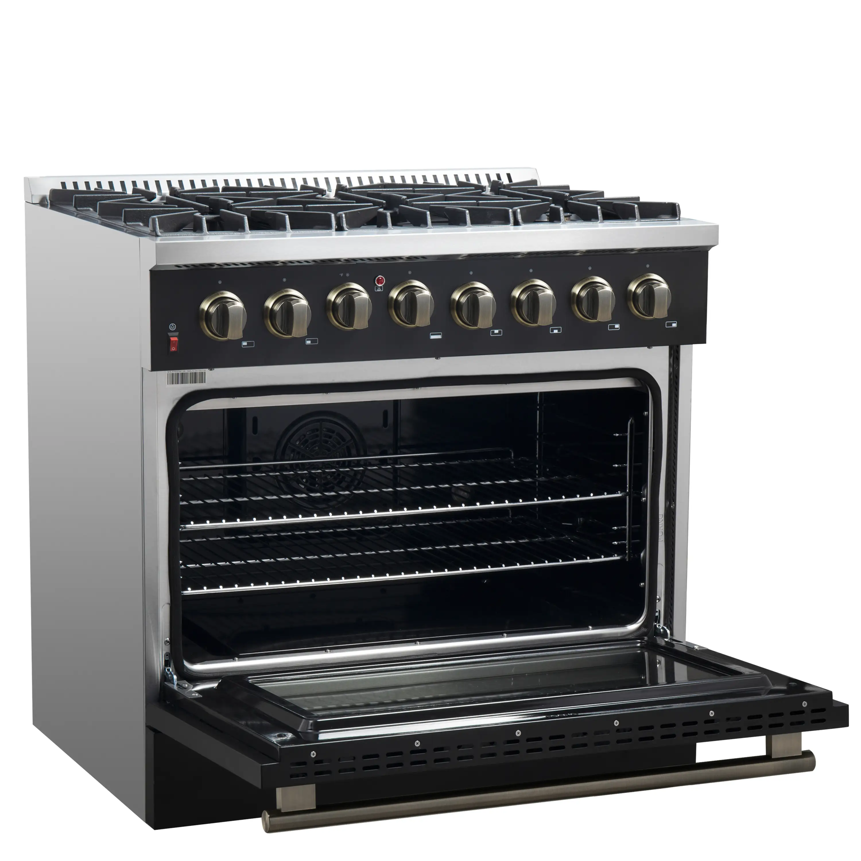 Forno 4-Piece Appliance Package - 36-Inch Dual Fuel Range, Wall Mount Range Hood, 36-Inch French Door Refrigerator, and Dishwasher in Black with Antique Brass Handle - Image 7