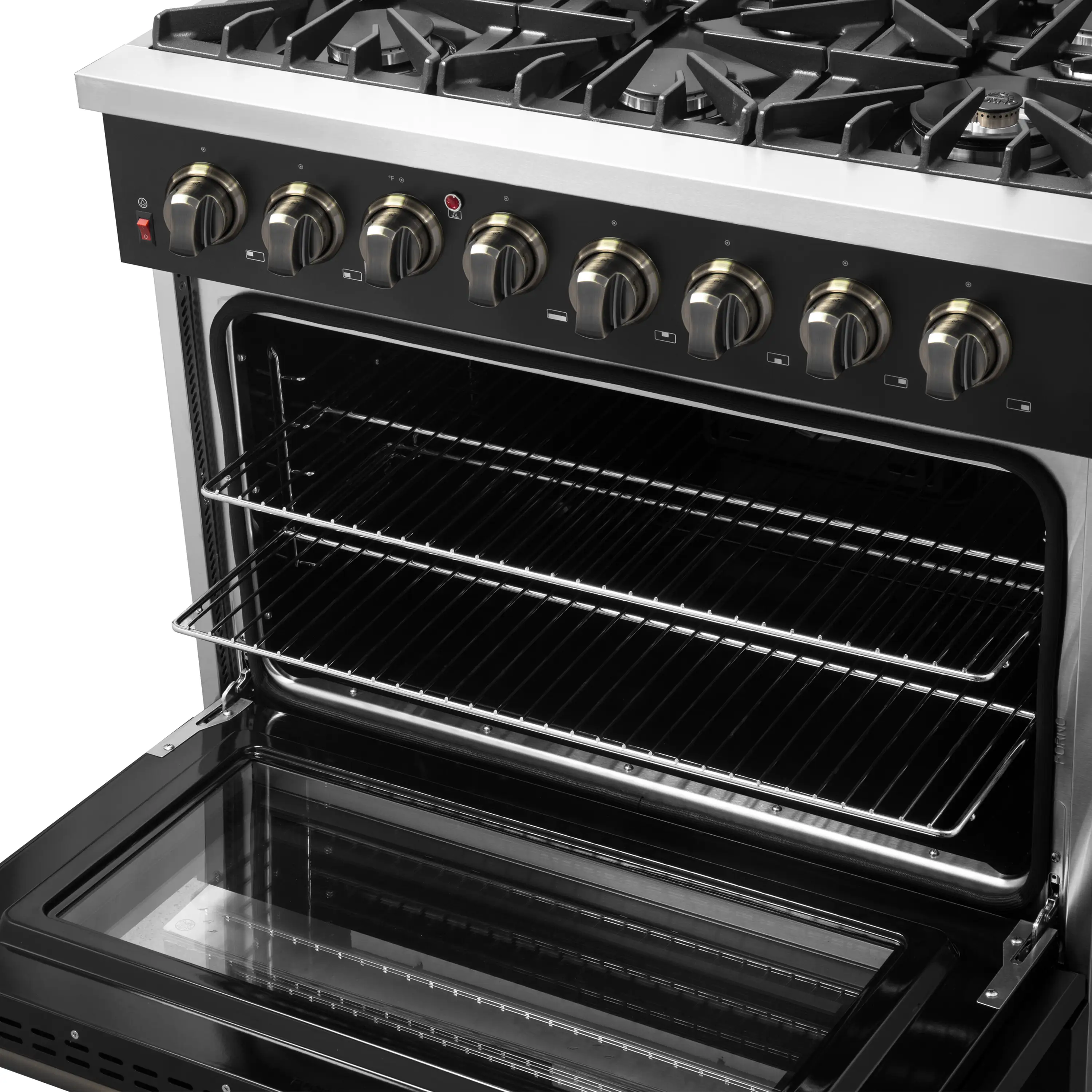 Forno 4-Piece Appliance Package - 36-Inch Dual Fuel Range, Wall Mount Range Hood, 36-Inch French Door Refrigerator, and Dishwasher in Black with Antique Brass Handle - Image 9