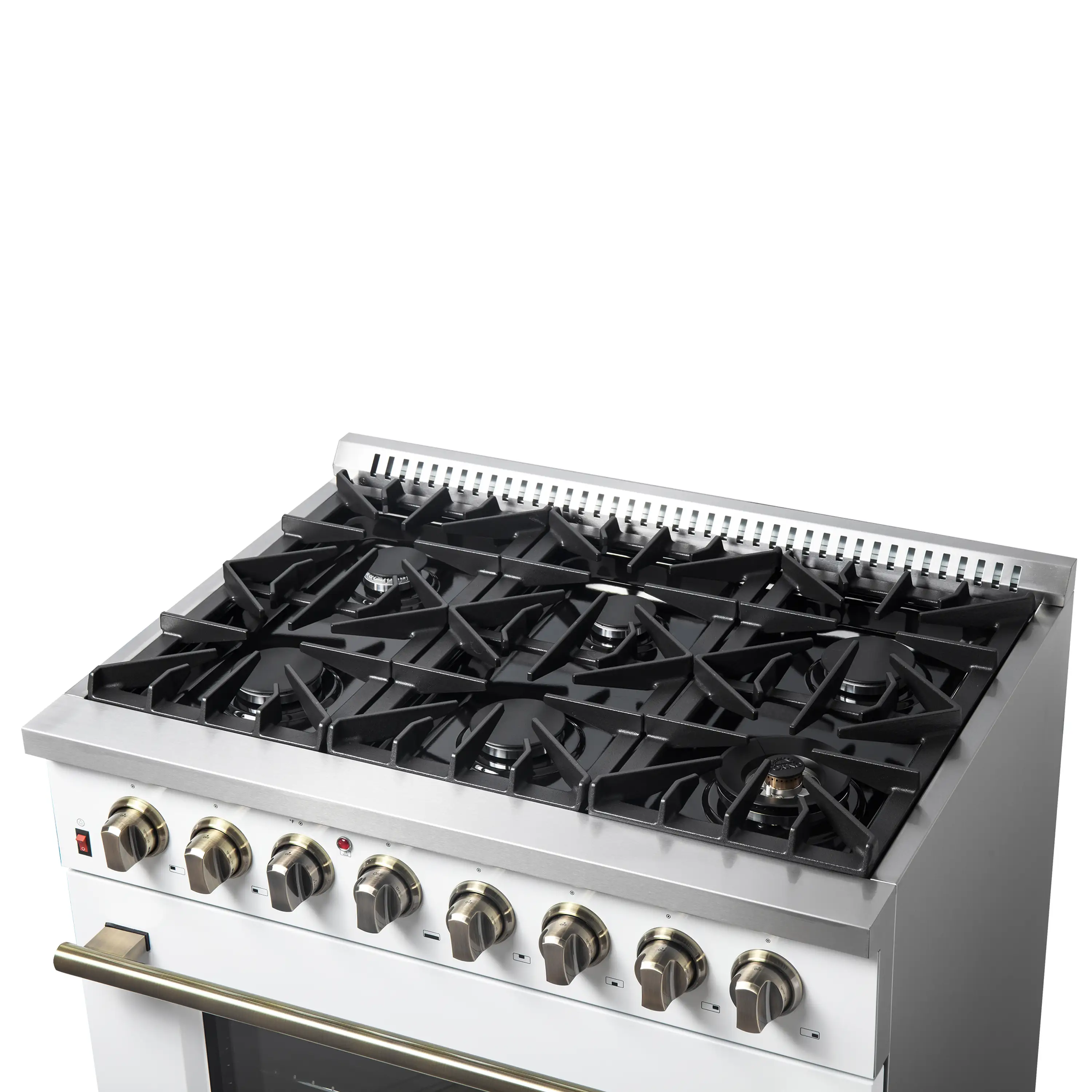 Forno 4-Piece Appliance Package - 36-Inch Dual Fuel Range, Wall Mount Range Hood, 36-Inch French Door Refrigerator, and Dishwasher in White with Antique Brass Handle - Image 11