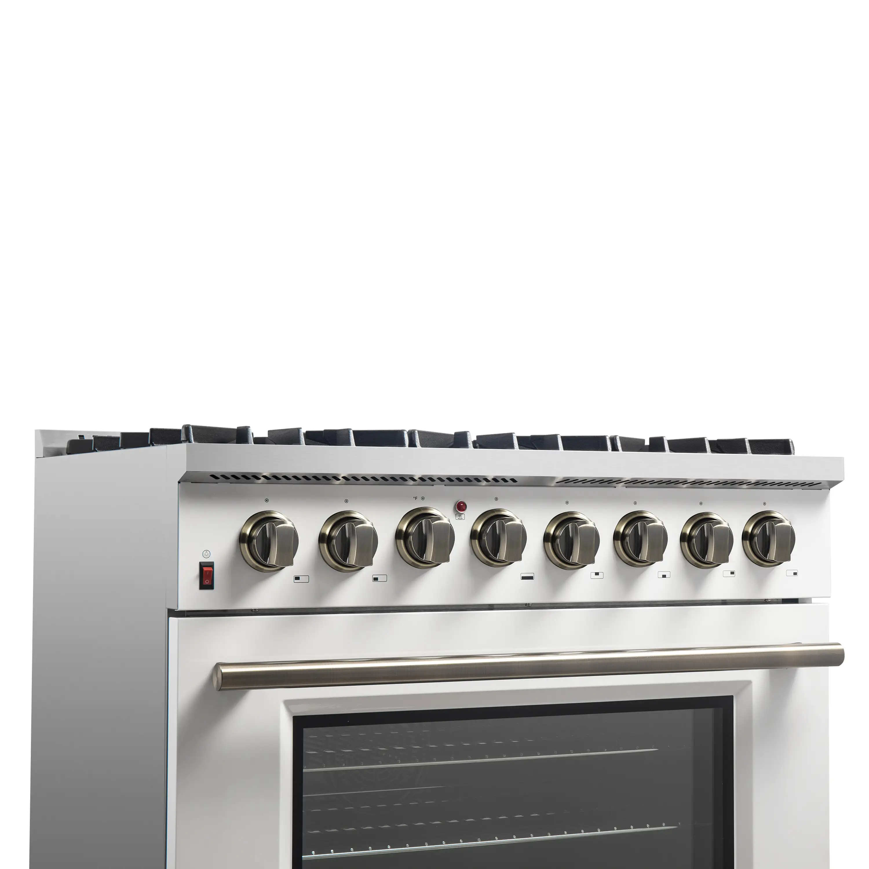 Forno 4-Piece Appliance Package - 36-Inch Dual Fuel Range, Wall Mount Range Hood, 36-Inch French Door Refrigerator, and Dishwasher in White with Antique Brass Handle - Image 12