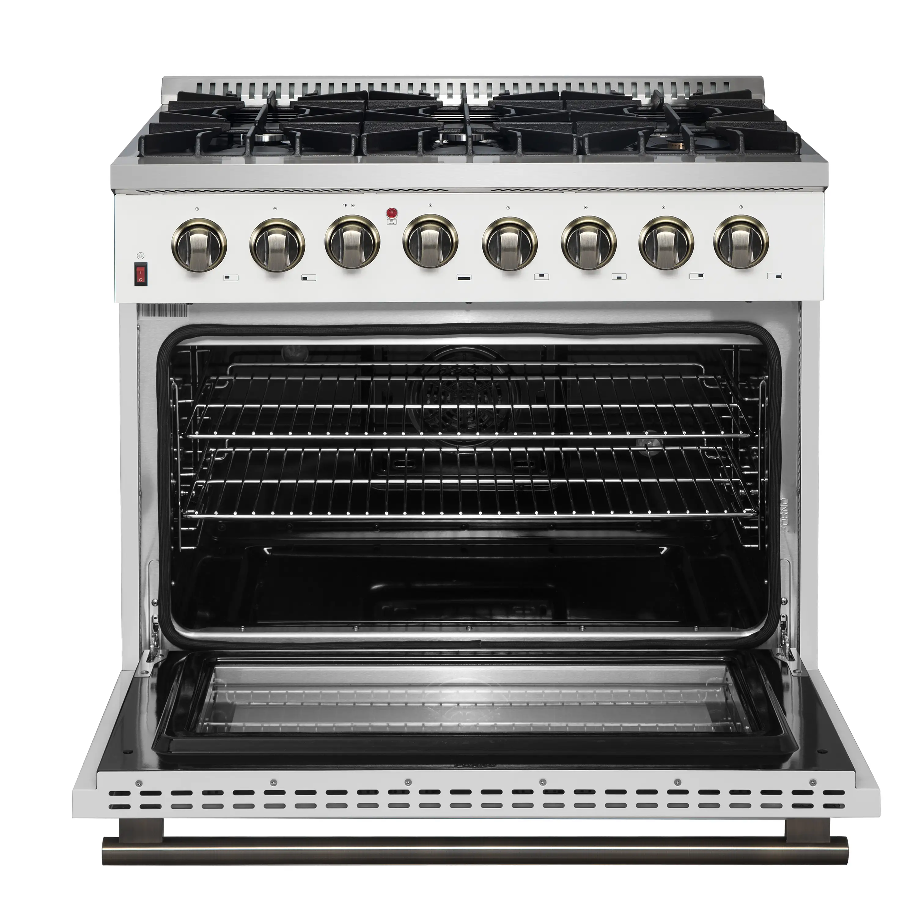 Forno 4-Piece Appliance Package - 36-Inch Dual Fuel Range, Wall Mount Range Hood, 36-Inch French Door Refrigerator, and Dishwasher in White with Antique Brass Handle - Image 6