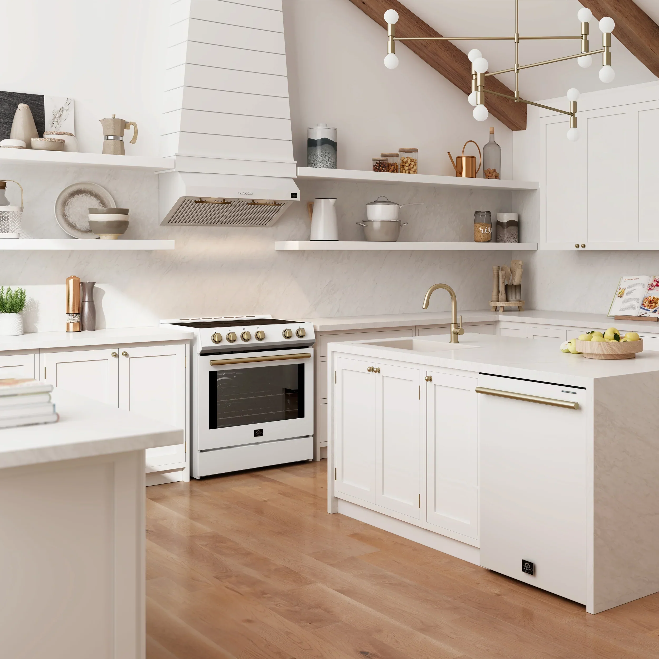 Forno 4-Piece Appliance Package - 36-Inch Dual Fuel Range, Wall Mount Range Hood, 60-Inch Built-In Convertible Refrigerator, and Dishwasher in White with Antique Brass Handle - Image 37