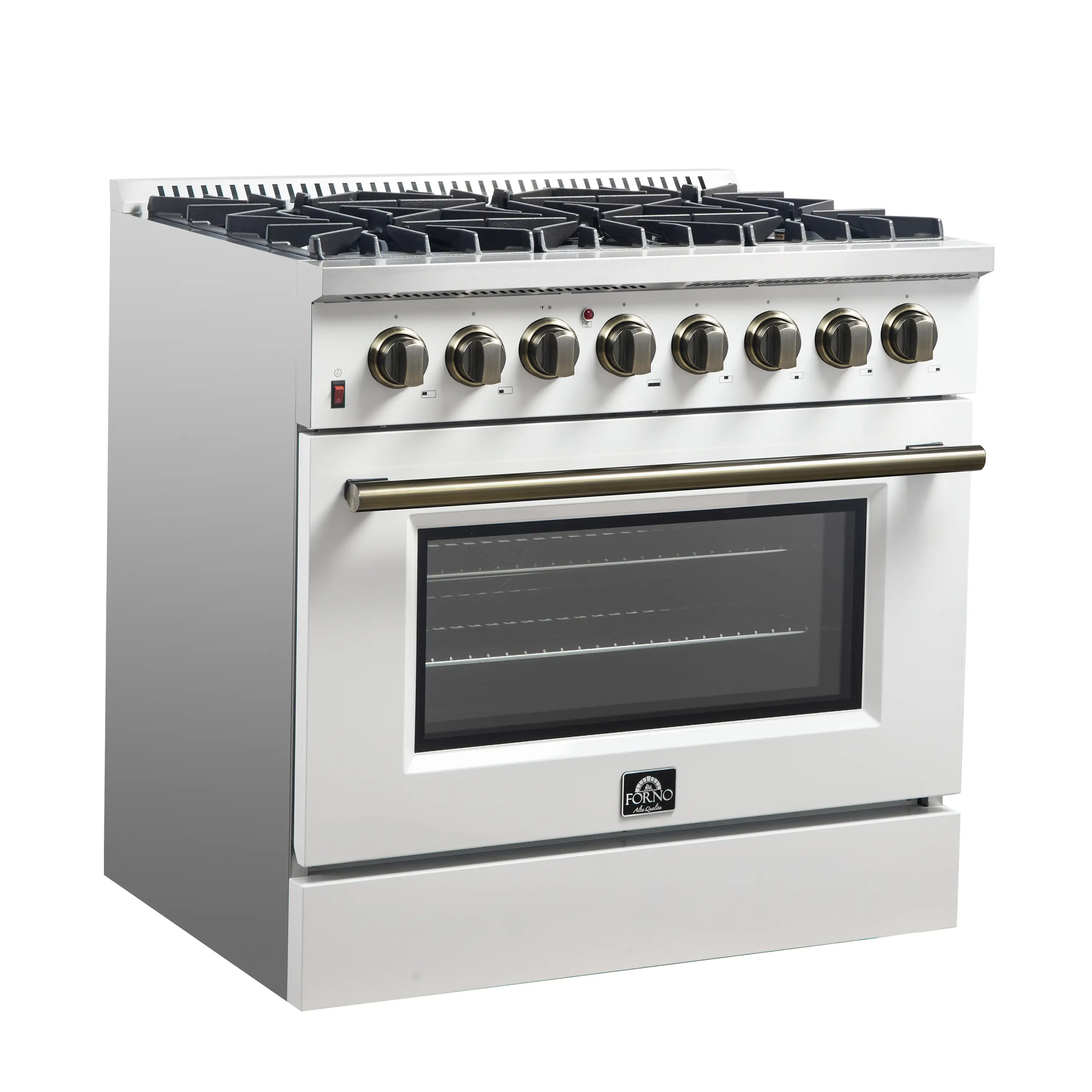 Forno 4-Piece Appliance Package - 36-Inch Dual Fuel Range, Wall Mount Range Hood, 60-Inch Built-In Convertible Refrigerator, and Dishwasher in White with Antique Brass Handle - Image 4