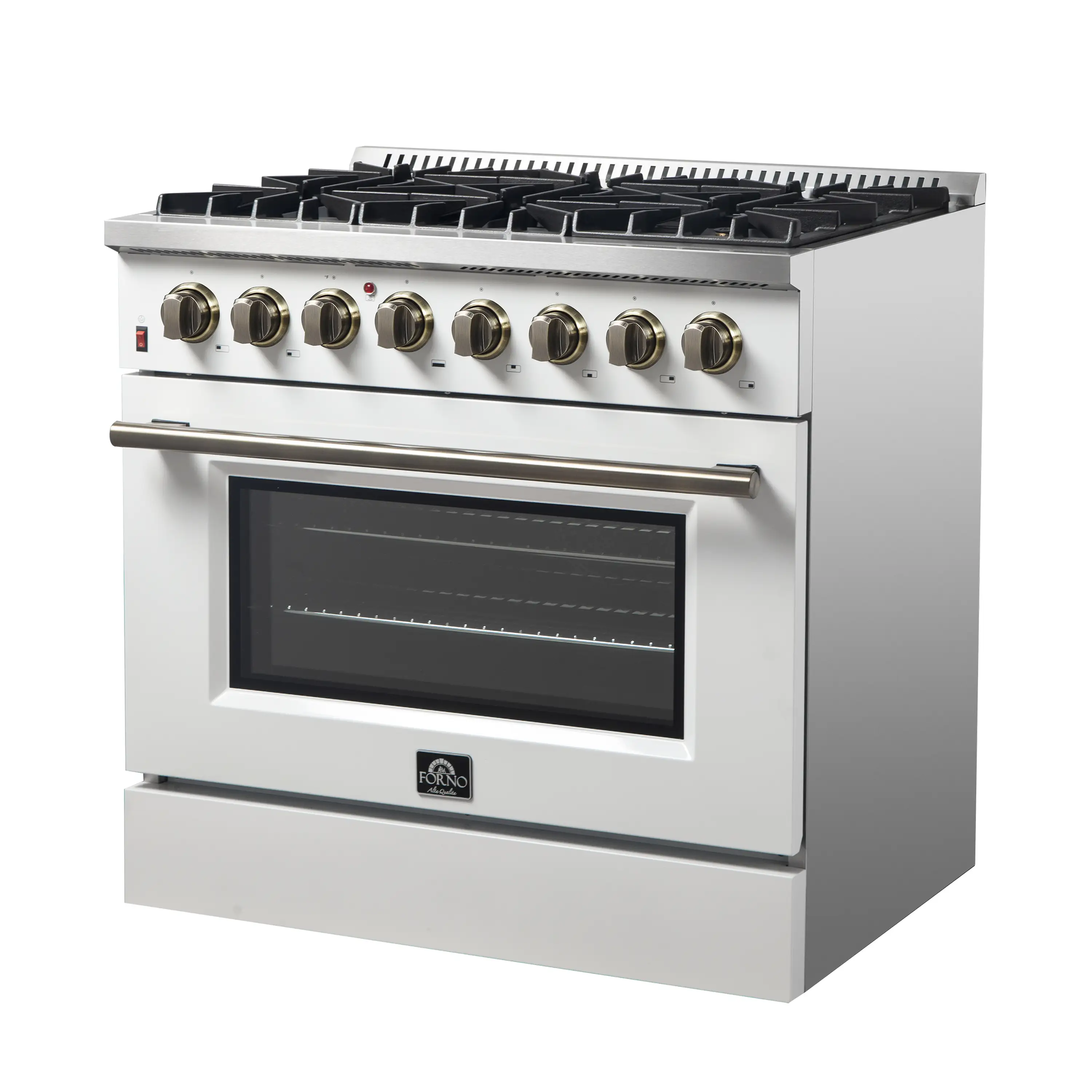 Forno 4-Piece Appliance Package - 36-Inch Dual Fuel Range, Wall Mount Range Hood, 60-Inch Built-In Convertible Refrigerator, and Dishwasher in White with Antique Brass Handle - Image 5