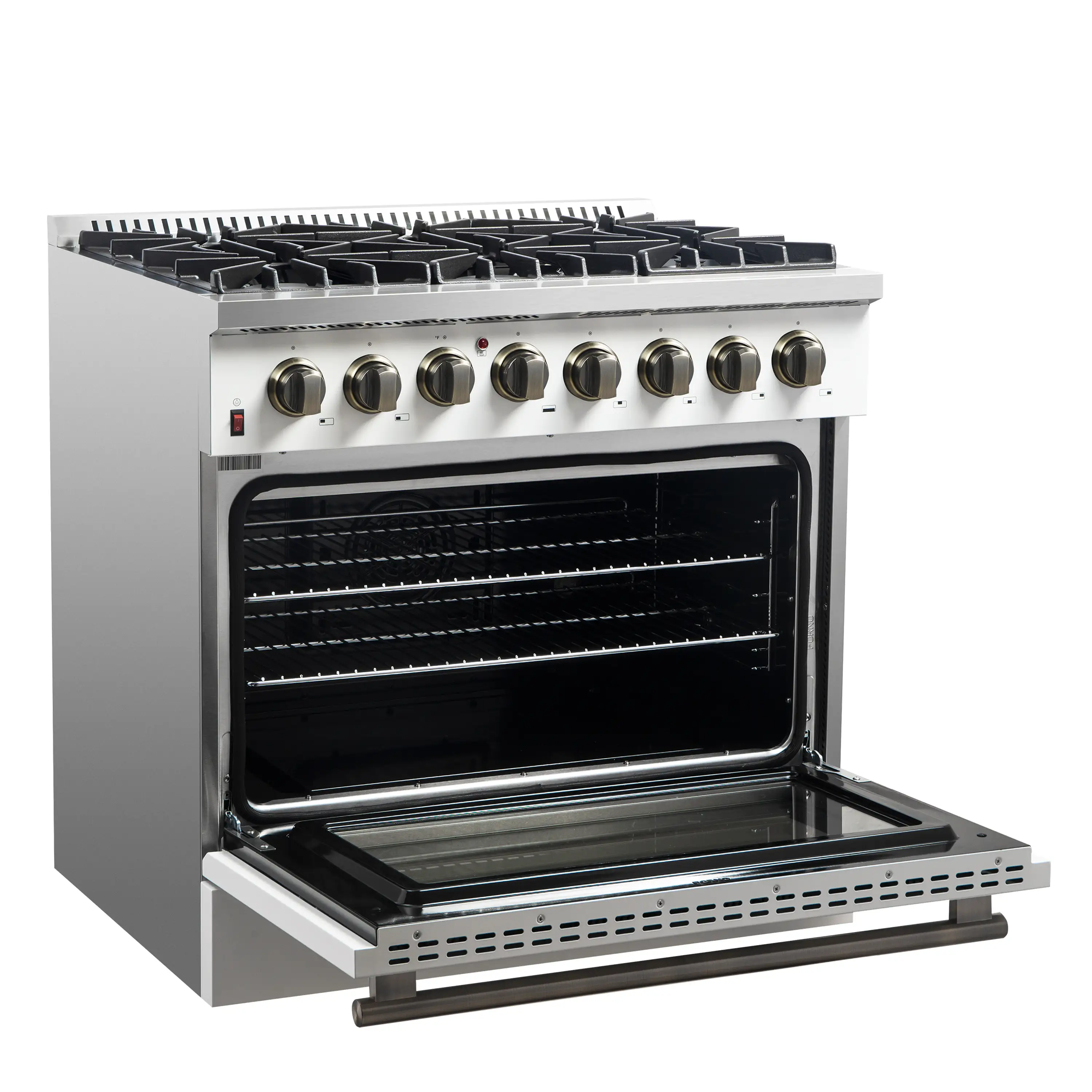 Forno 4-Piece Appliance Package - 36-Inch Dual Fuel Range, Wall Mount Range Hood, 36-Inch French Door Refrigerator, and Dishwasher in White with Antique Brass Handle - Image 7