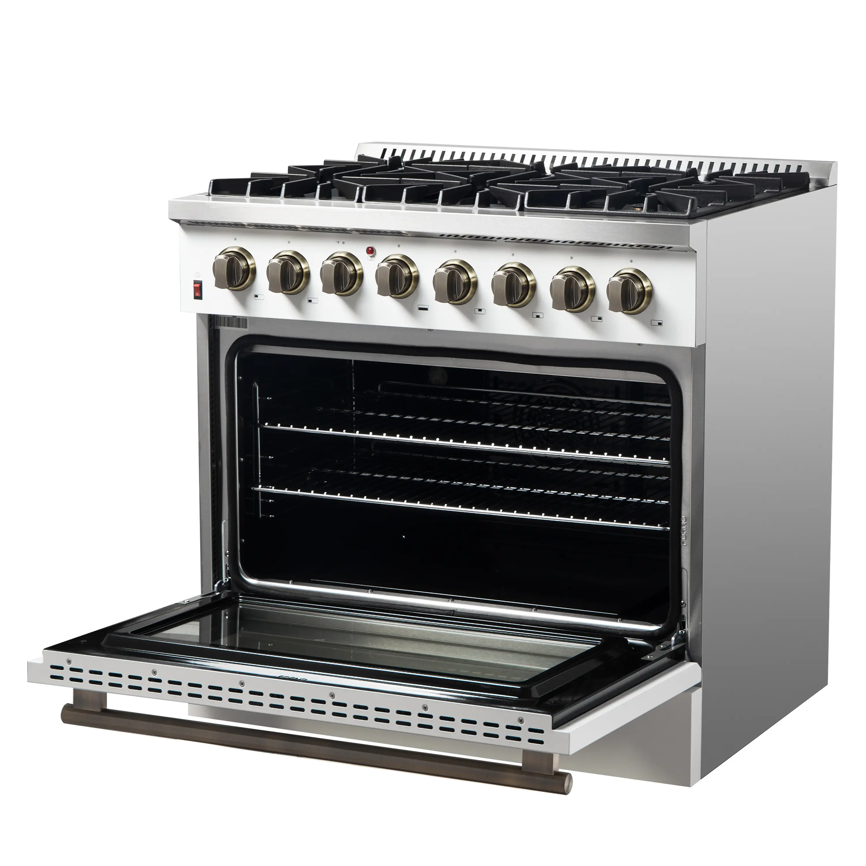 Forno 4-Piece Appliance Package - 36-Inch Dual Fuel Range, Wall Mount Range Hood, 36-Inch French Door Refrigerator, and Dishwasher in White with Antique Brass Handle - Image 8