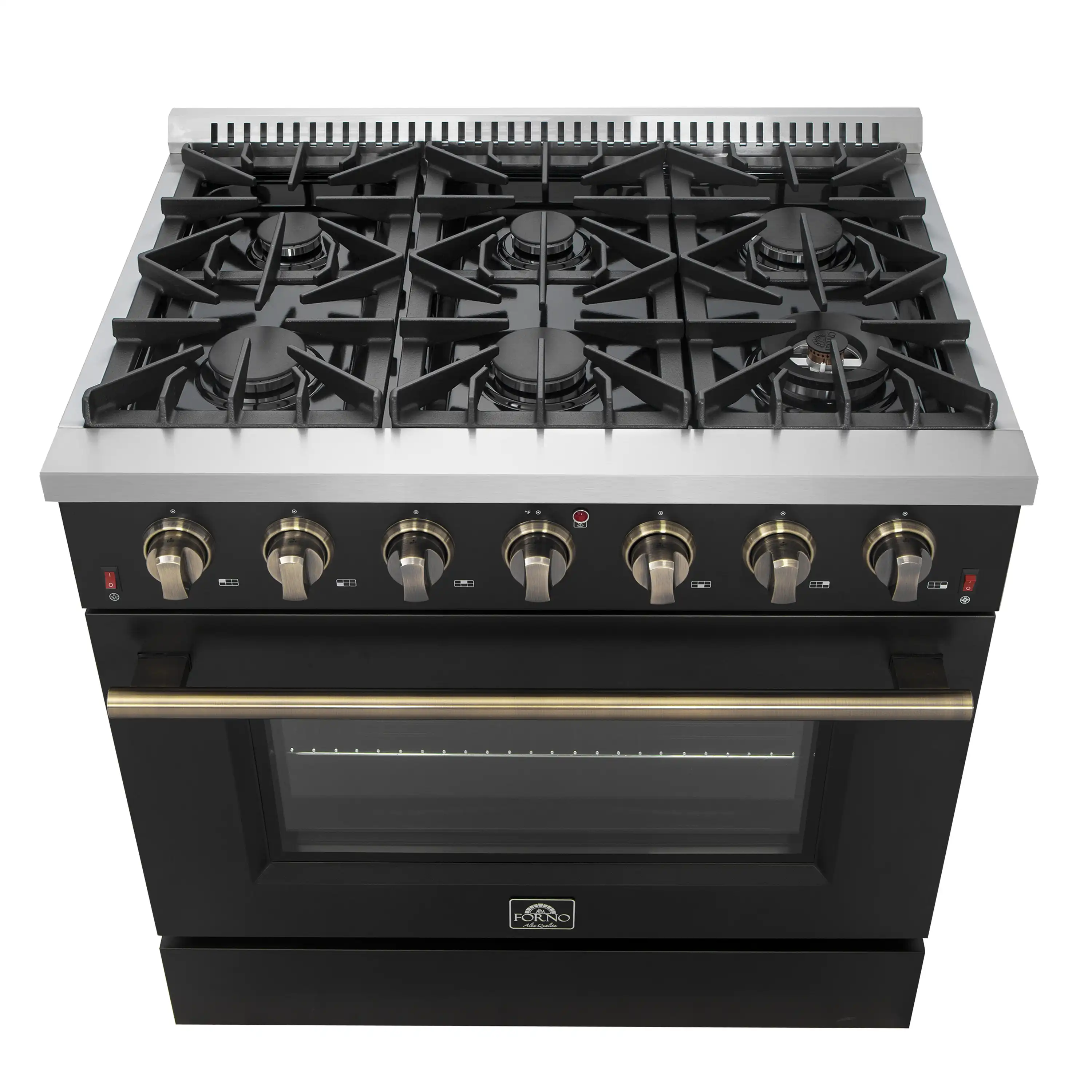 Forno 4-Piece Appliance Package - 36-Inch Gas Range, Wall Mount Range Hood, 36-Inch French Door Refrigerator, and Dishwasher in Black with Antique Brass Handle - Image 3