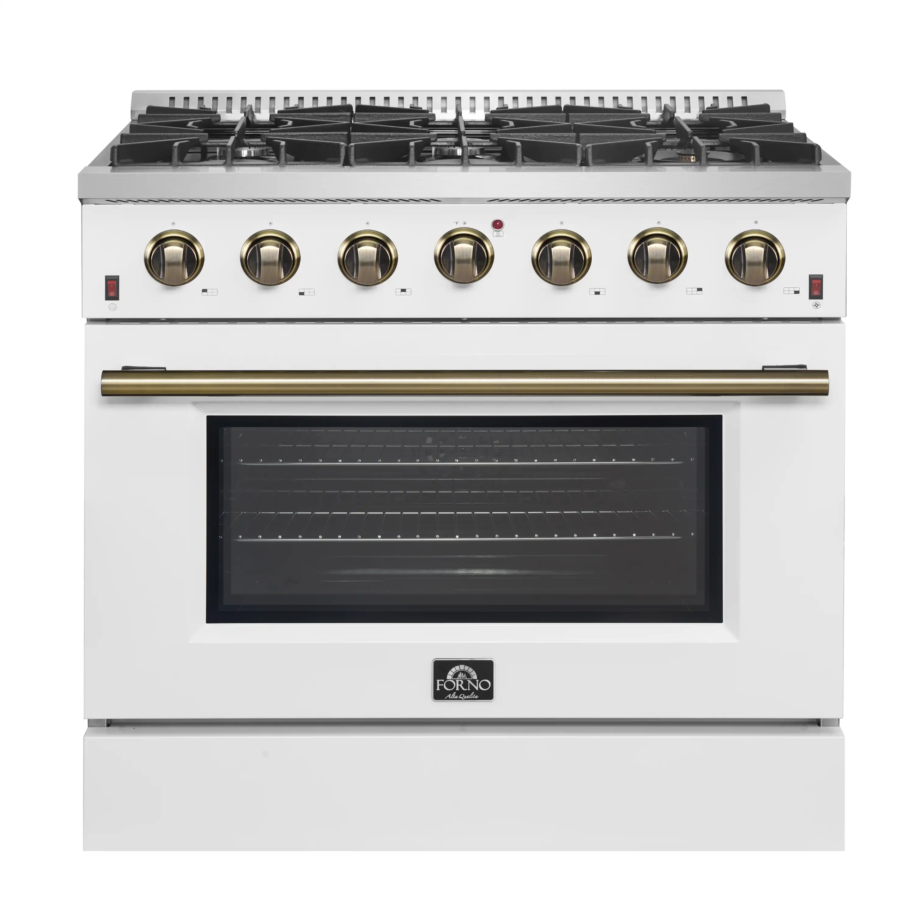 Forno 4-Piece Appliance Package - 36-Inch Gas Range, Wall Mount Range Hood, 36-Inch French Door Refrigerator, and Dishwasher in White with Antique Brass Handle - Image 2