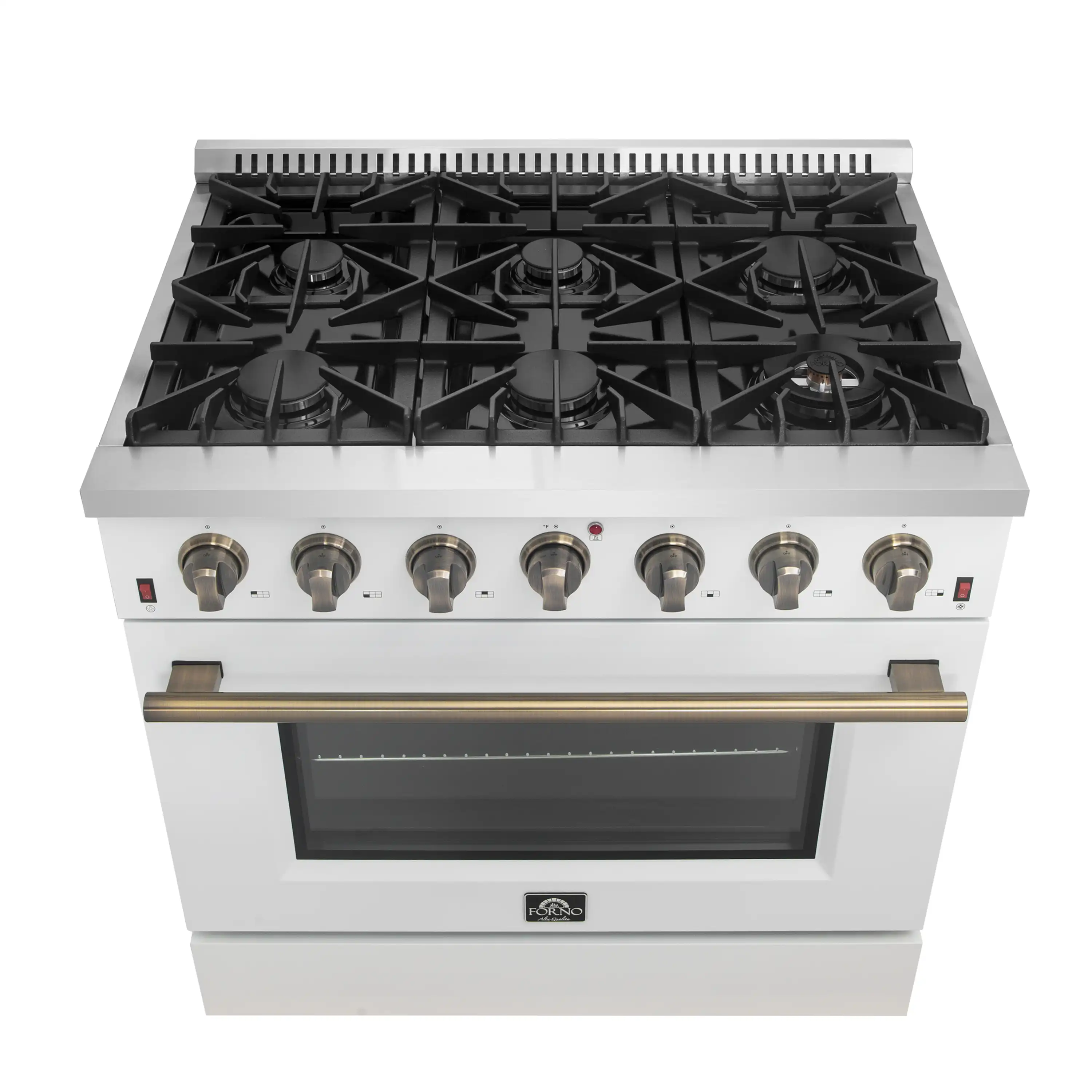Forno 4-Piece Appliance Package - 36-Inch Gas Range, Wall Mount Range Hood, 36-Inch French Door Refrigerator, and Dishwasher in White with Antique Brass Handle - Image 3