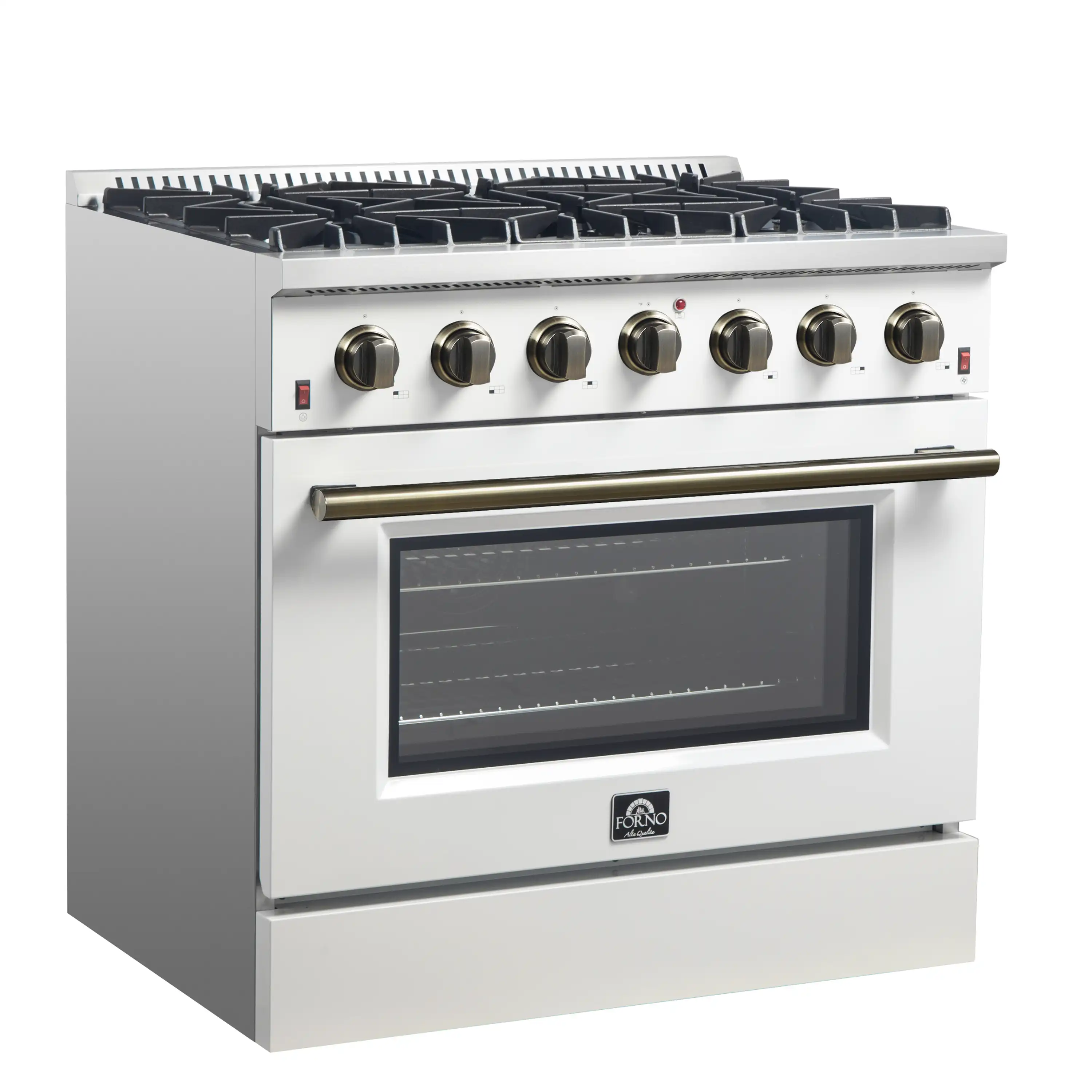 Forno 4-Piece Appliance Package - 36-Inch Gas Range, Wall Mount Range Hood, 36-Inch French Door Refrigerator, and Dishwasher in White with Antique Brass Handle - Image 4