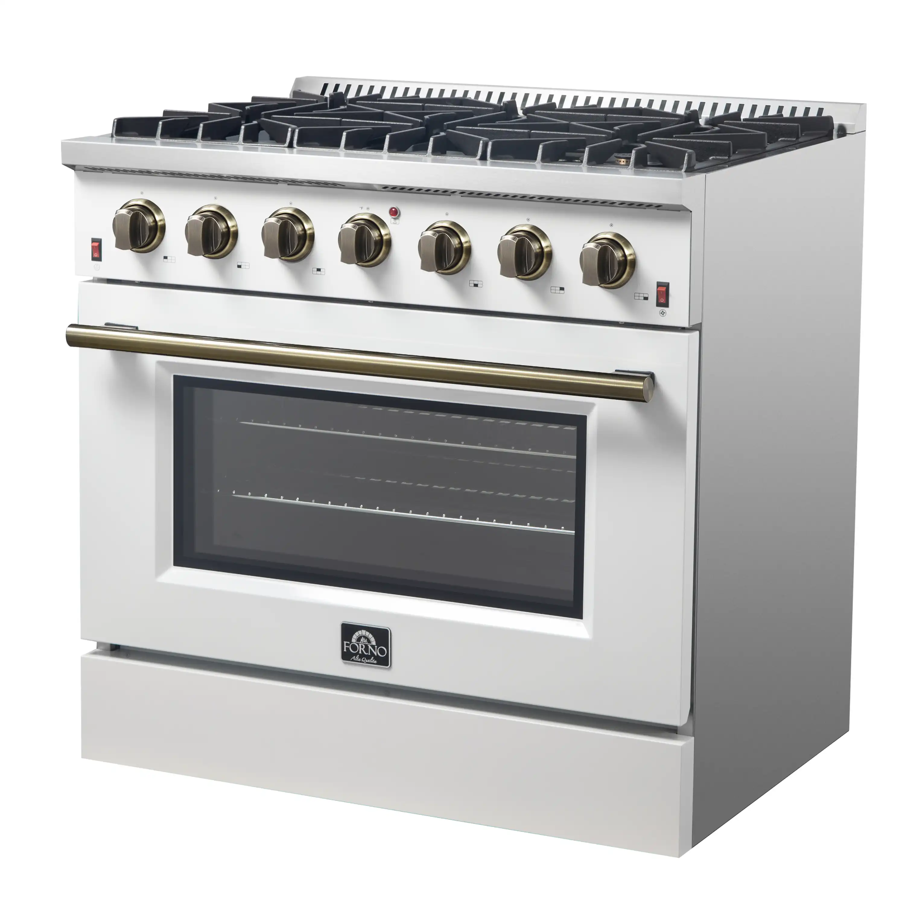 Forno 4-Piece Appliance Package - 36-Inch Gas Range, Wall Mount Range Hood, 36-Inch French Door Refrigerator, and Dishwasher in White with Antique Brass Handle - Image 5