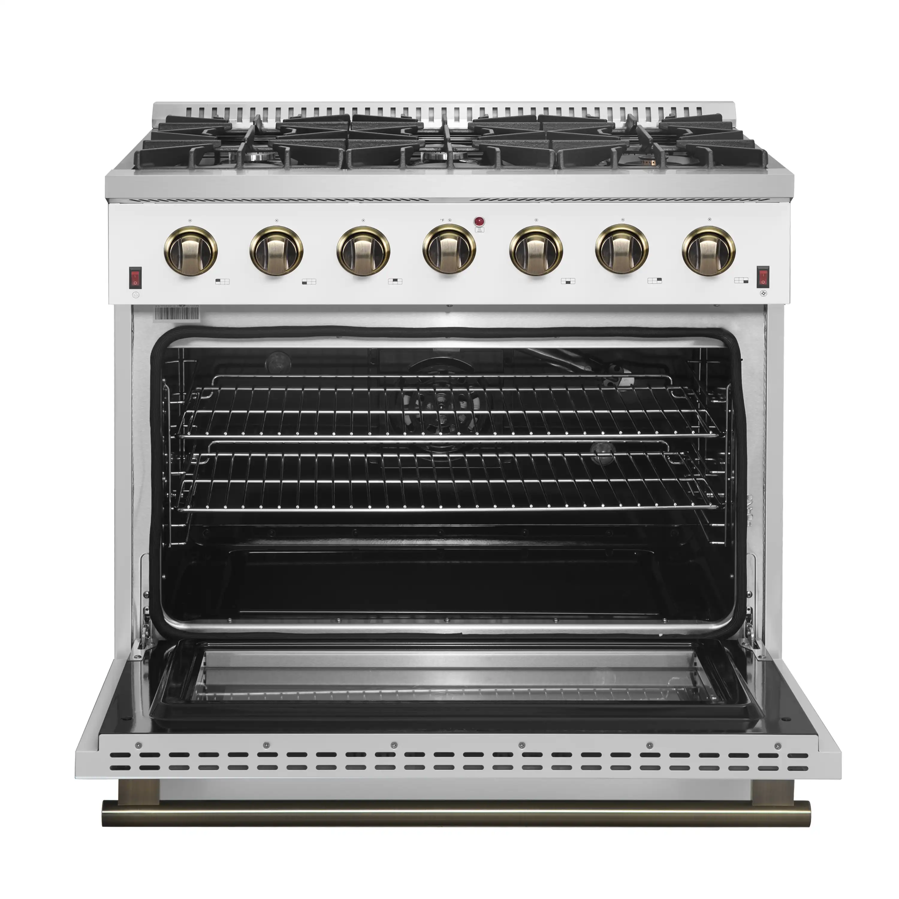 Forno 4-Piece Appliance Package - 36-Inch Gas Range, Wall Mount Range Hood, 36-Inch French Door Refrigerator, and Dishwasher in White with Antique Brass Handle - Image 6