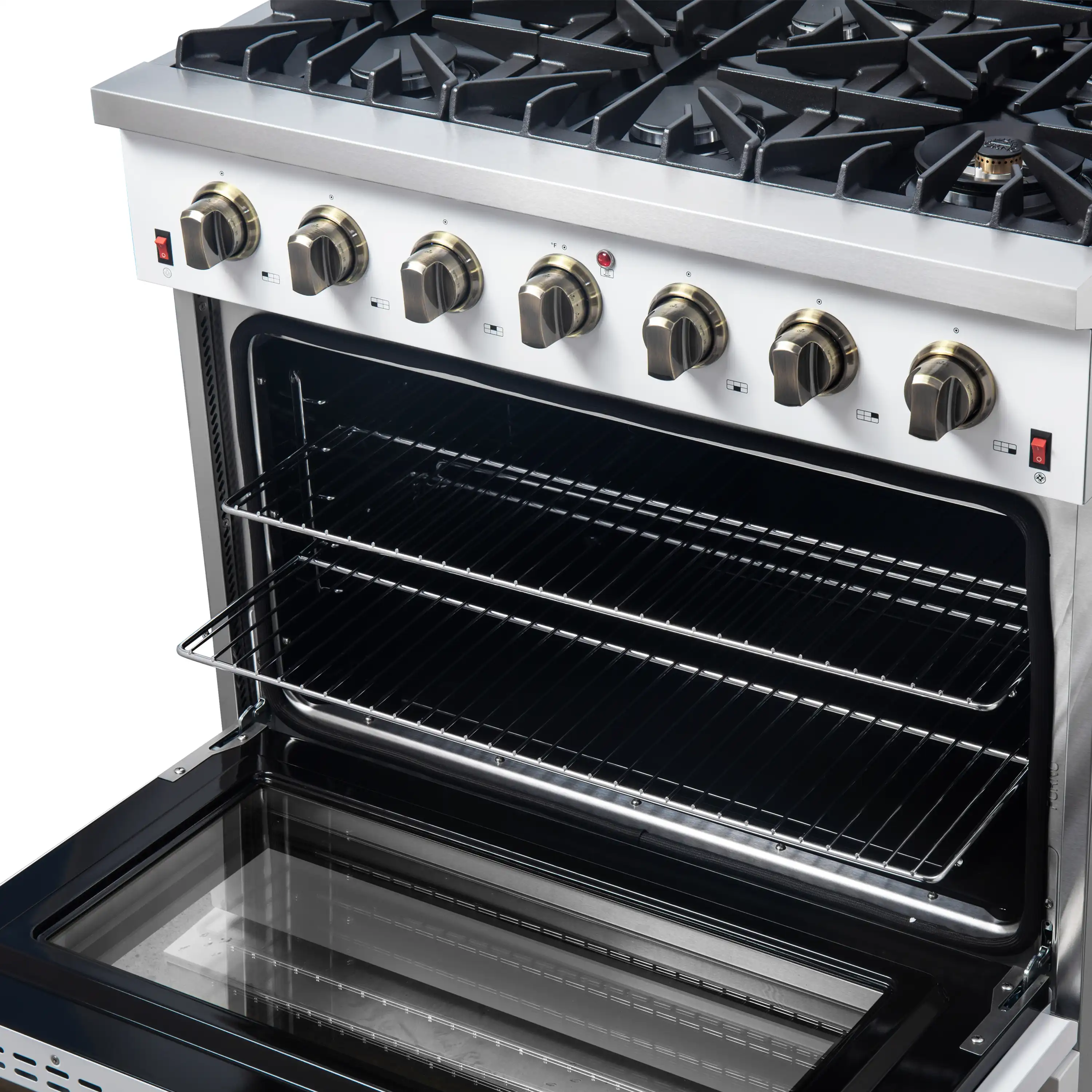Forno 4-Piece Appliance Package - 36-Inch Gas Range, Wall Mount Range Hood, 36-Inch French Door Refrigerator, and Dishwasher in White with Antique Brass Handle - Image 9