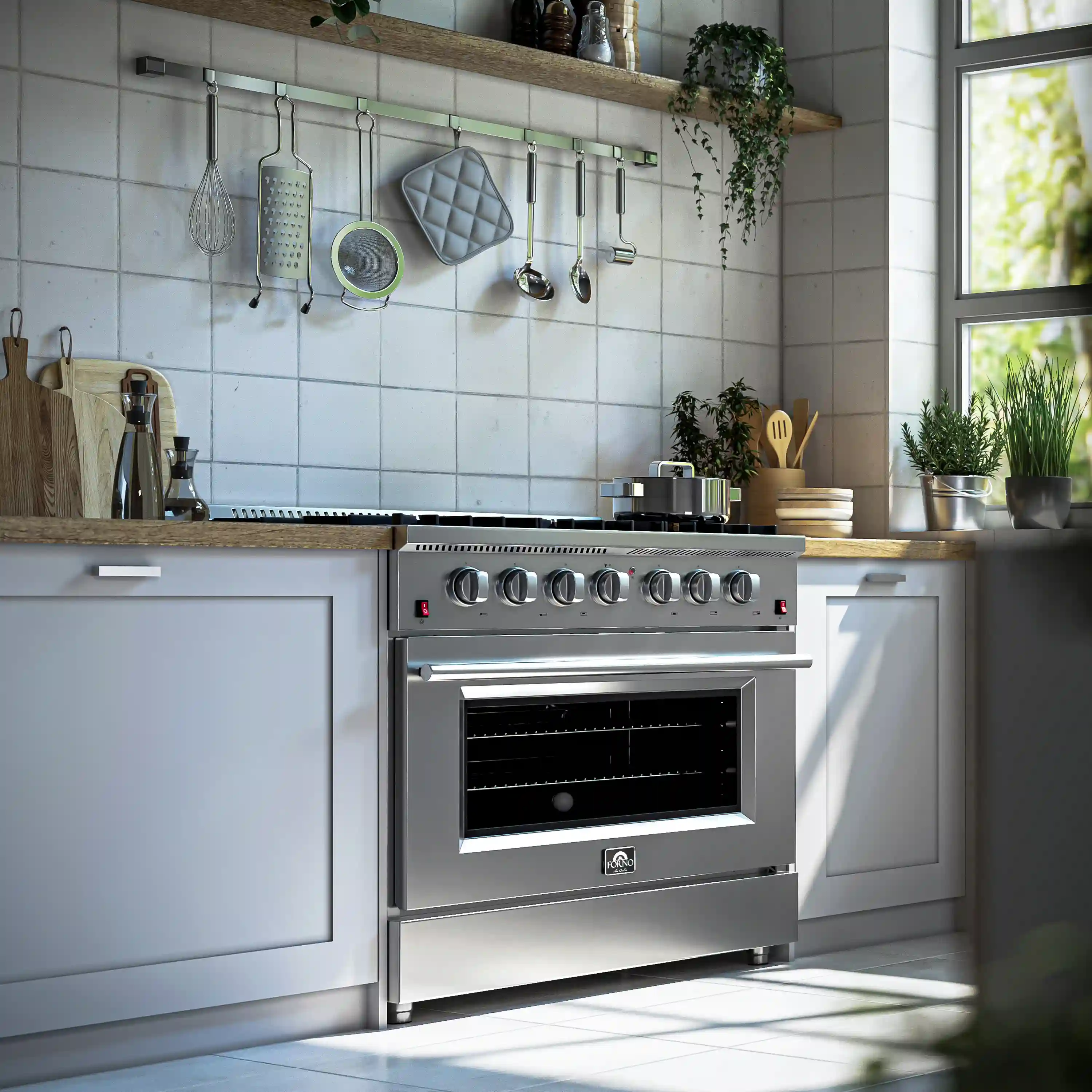 Forno 4-Piece Appliance Package - 36-Inch Gas Range, Wall Mount Range Hood, 36-Inch French Door Refrigerator, and Dishwasher in Stainless Steel - Image 3