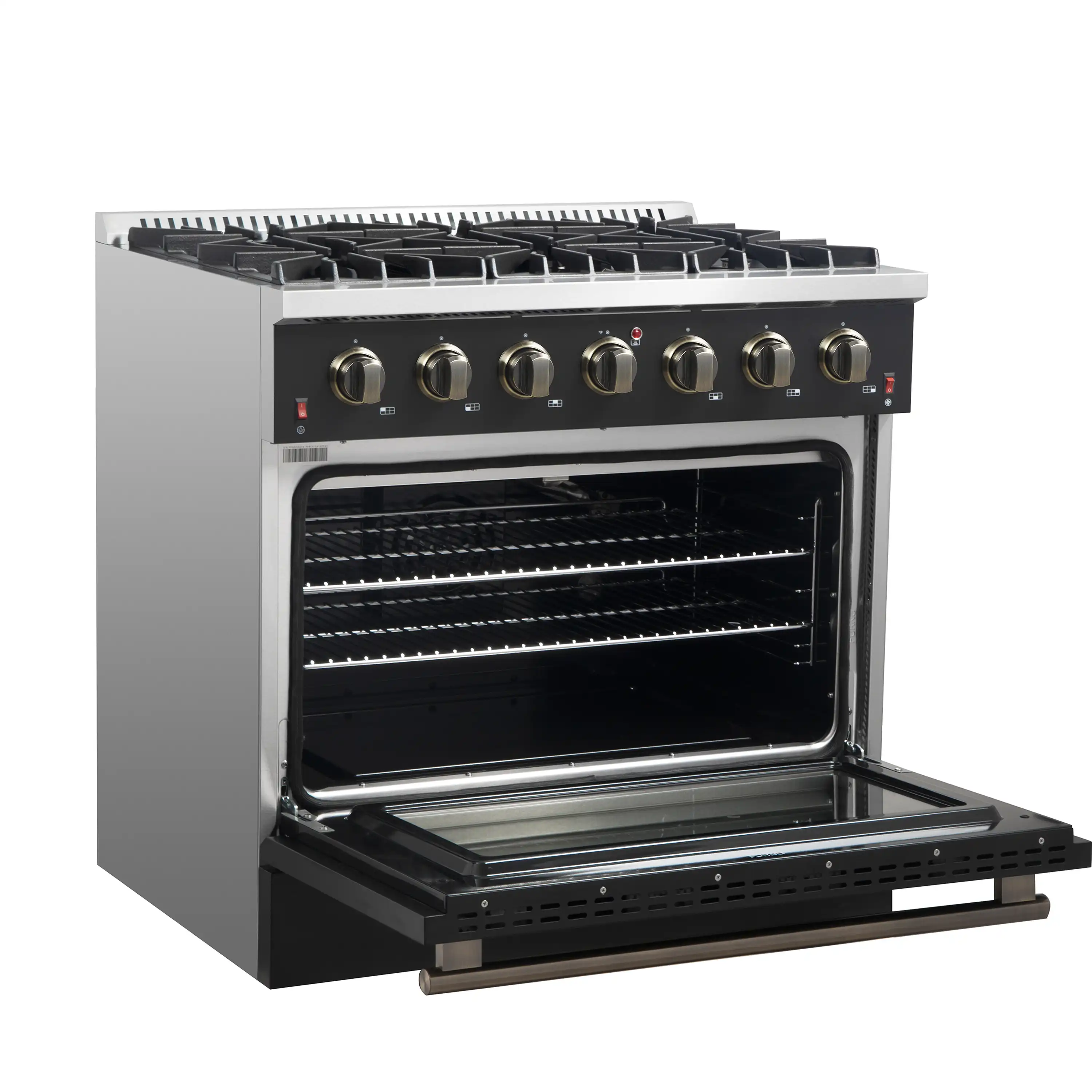 Forno 4-Piece Appliance Package - 36-Inch Gasl Fuel Range, Wall Mount Range Hood, 60-Inch Built-In Convertible Refrigerator, and Dishwasher in Black with Antique Brass Handle - Image 6