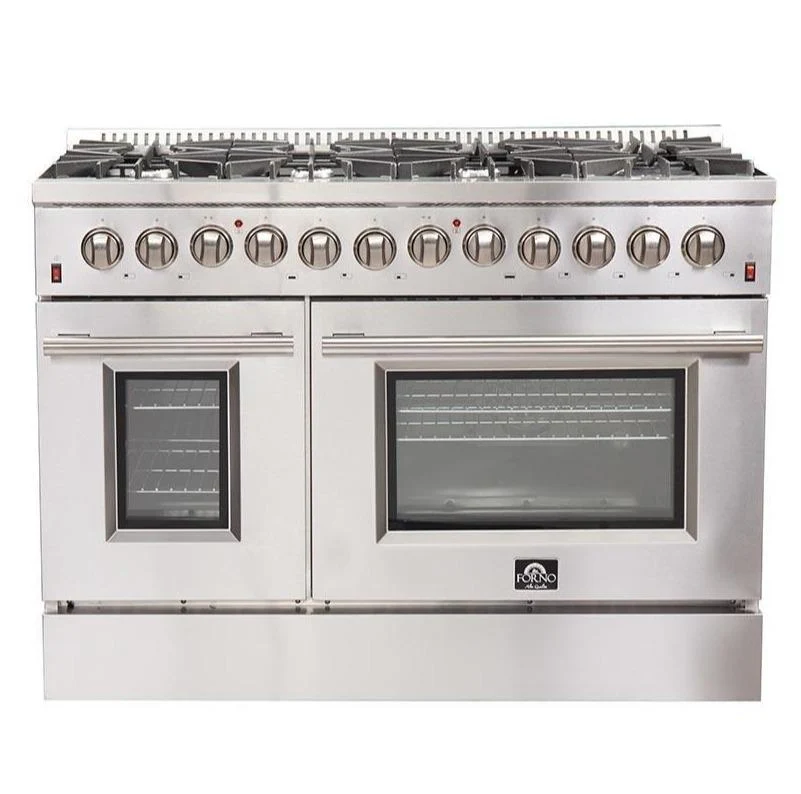 Forno 4-Piece Appliance Package - 48-Inch Dual Fuel Range, Refrigerator, Wall Mount Hood, & 3-Rack Dishwasher in Stainless Steel - Image 2