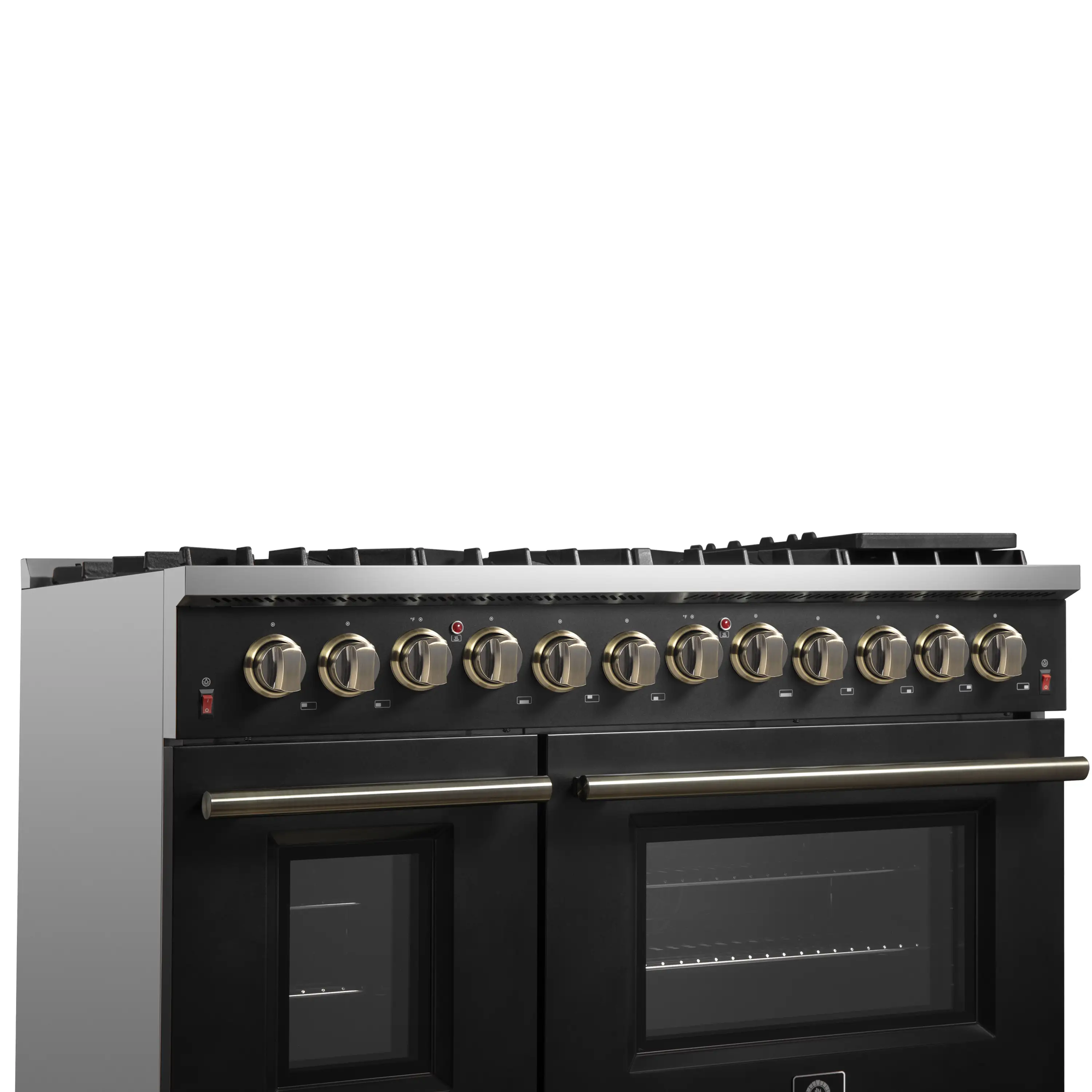 Forno 4-Piece Appliance Package - 48-Inch Dual Fuel Range, Wall Mount Range Hood, 60-Inch Built-In Convertible Refrigerator, and Dishwasher in Black with Antique Brass Handle - Image 14