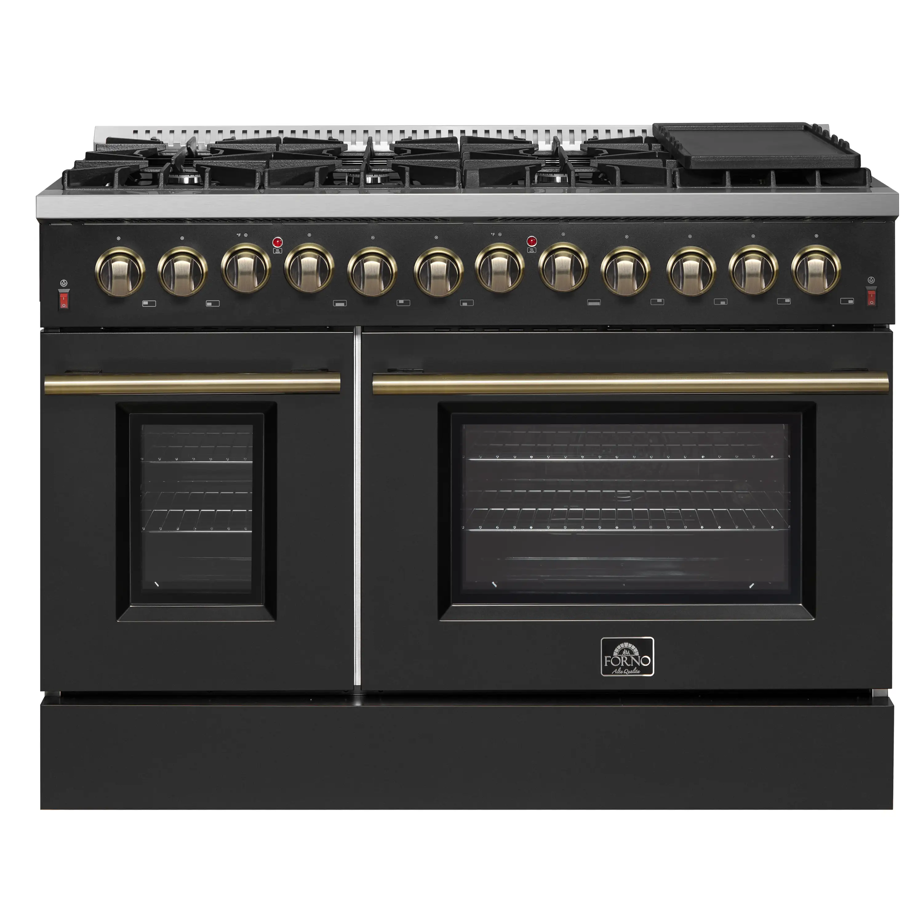 Forno 4-Piece Appliance Package - 48-Inch Dual Fuel Range, Wall Mount Range Hood, 60-Inch Built-In Convertible Refrigerator, and Dishwasher in Black with Antique Brass Handle - Image 2