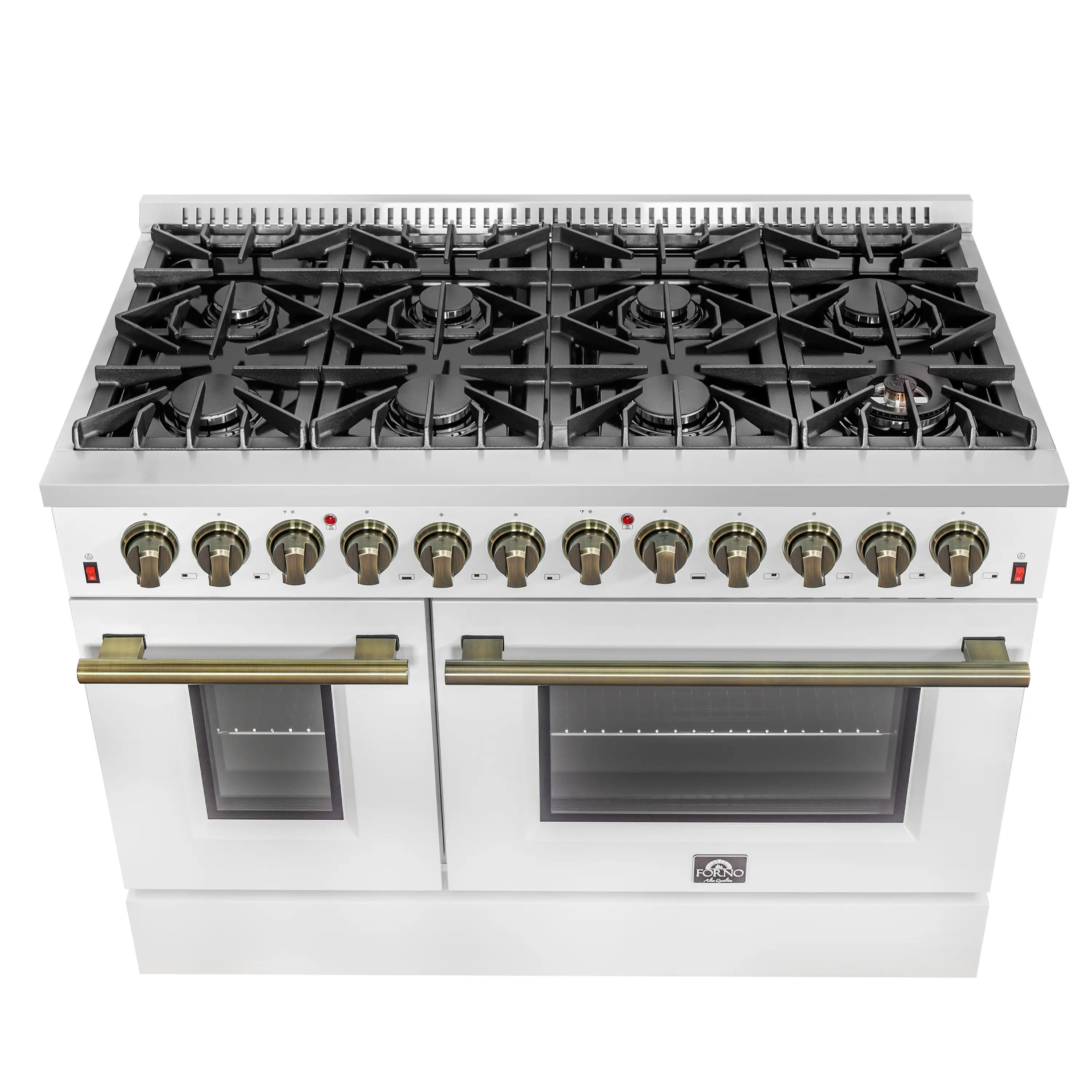 Forno 4-Piece Appliance Package - 48-Inch Dual Fuel Range, Wall Mount Range Hood, 36-Inch French Door Refrigerator, and Dishwasher in White with Antique Brass Handle - Image 3