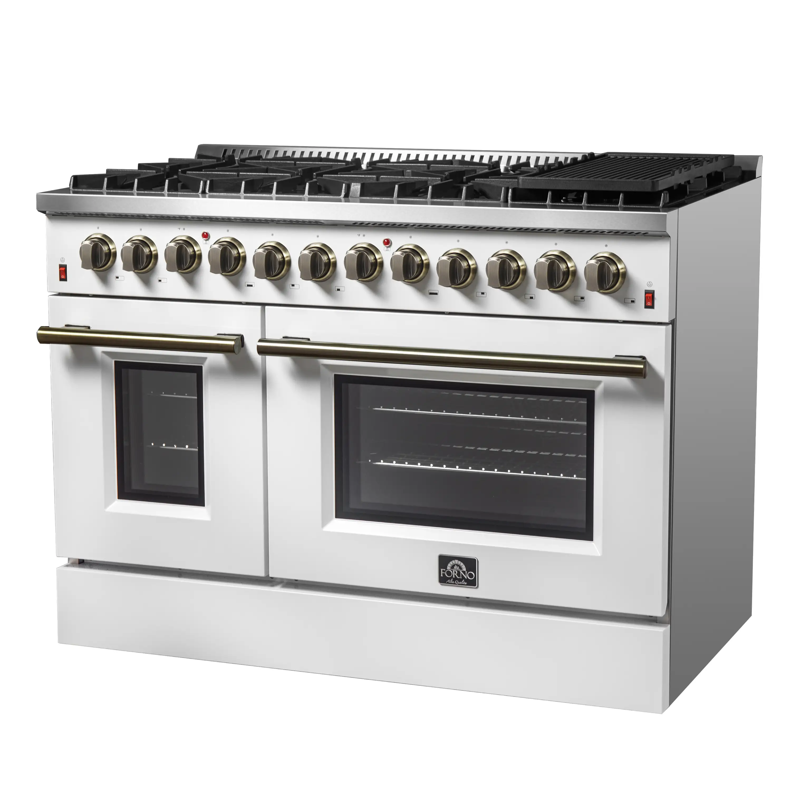 Forno 4-Piece Appliance Package - 48-Inch Dual Fuel Range, Wall Mount Range Hood, 36-Inch French Door Refrigerator, and Dishwasher in White with Antique Brass Handle - Image 5
