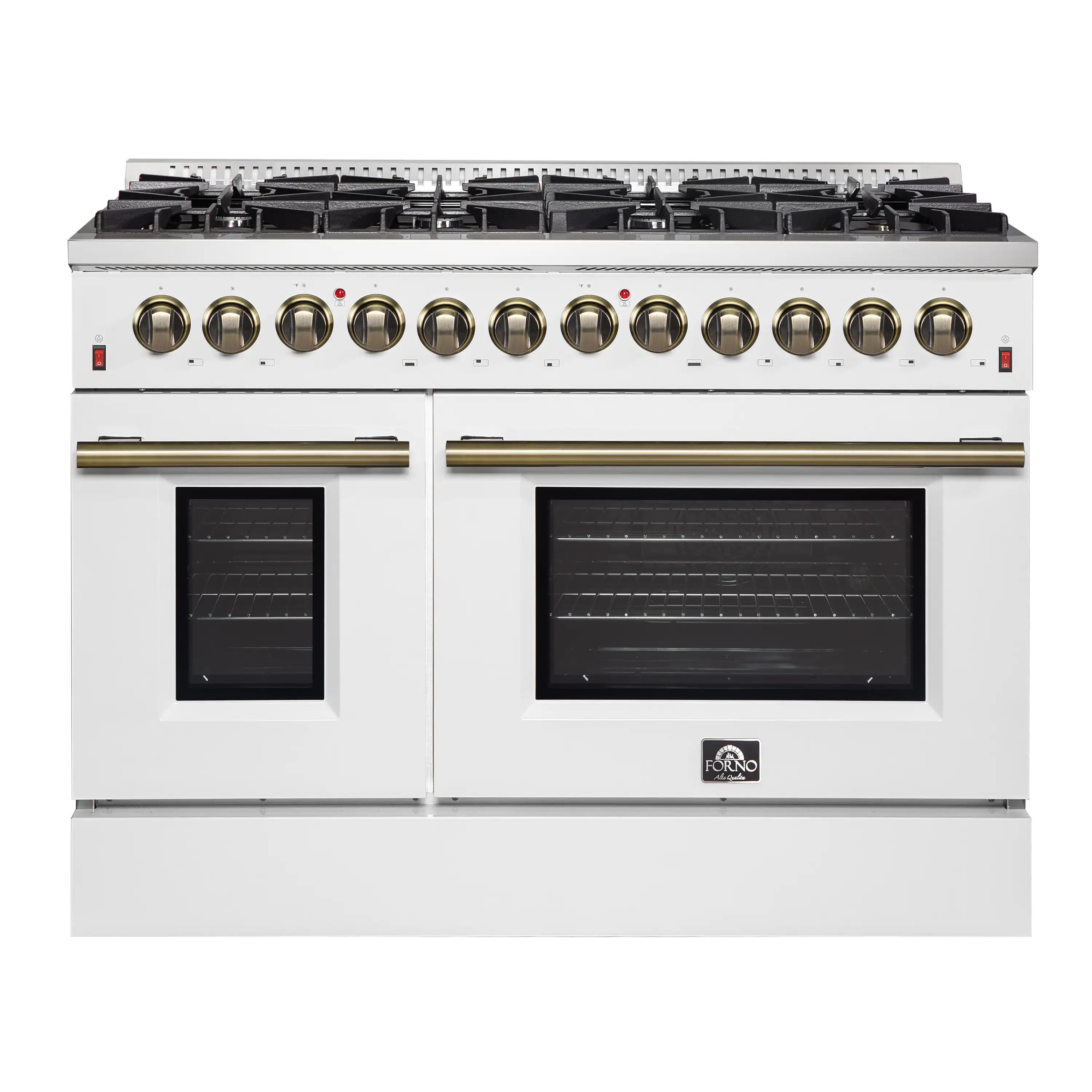 Forno 4-Piece Appliance Package - 48-Inch Dual Fuel Range, Wall Mount Range Hood, 60-Inch Built-In Convertible Refrigerator, and Dishwasher in White with Antique Brass Handle - Image 2