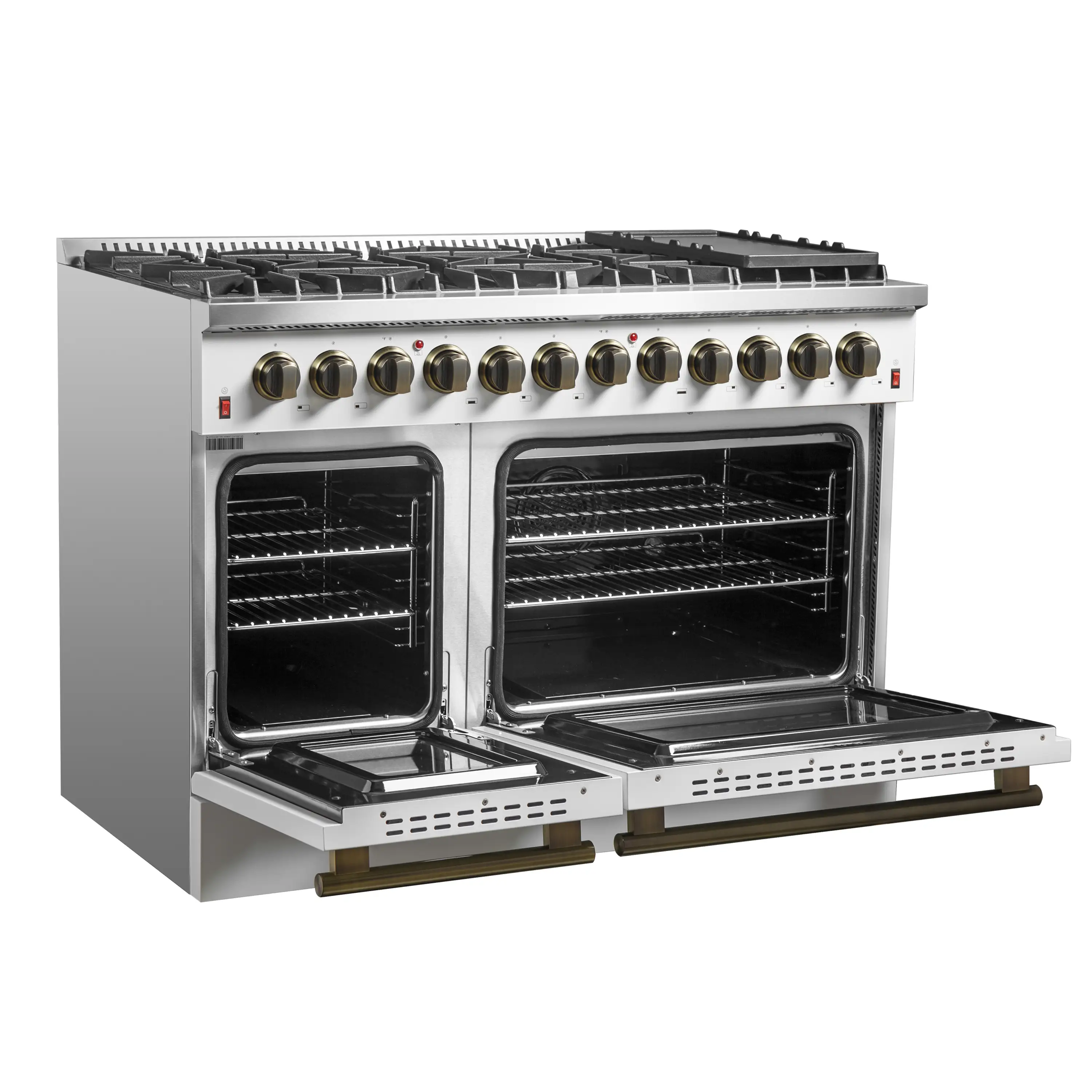 Forno 4-Piece Appliance Package - 48-Inch Dual Fuel Range, Wall Mount Range Hood, 36-Inch French Door Refrigerator, and Dishwasher in White with Antique Brass Handle - Image 7