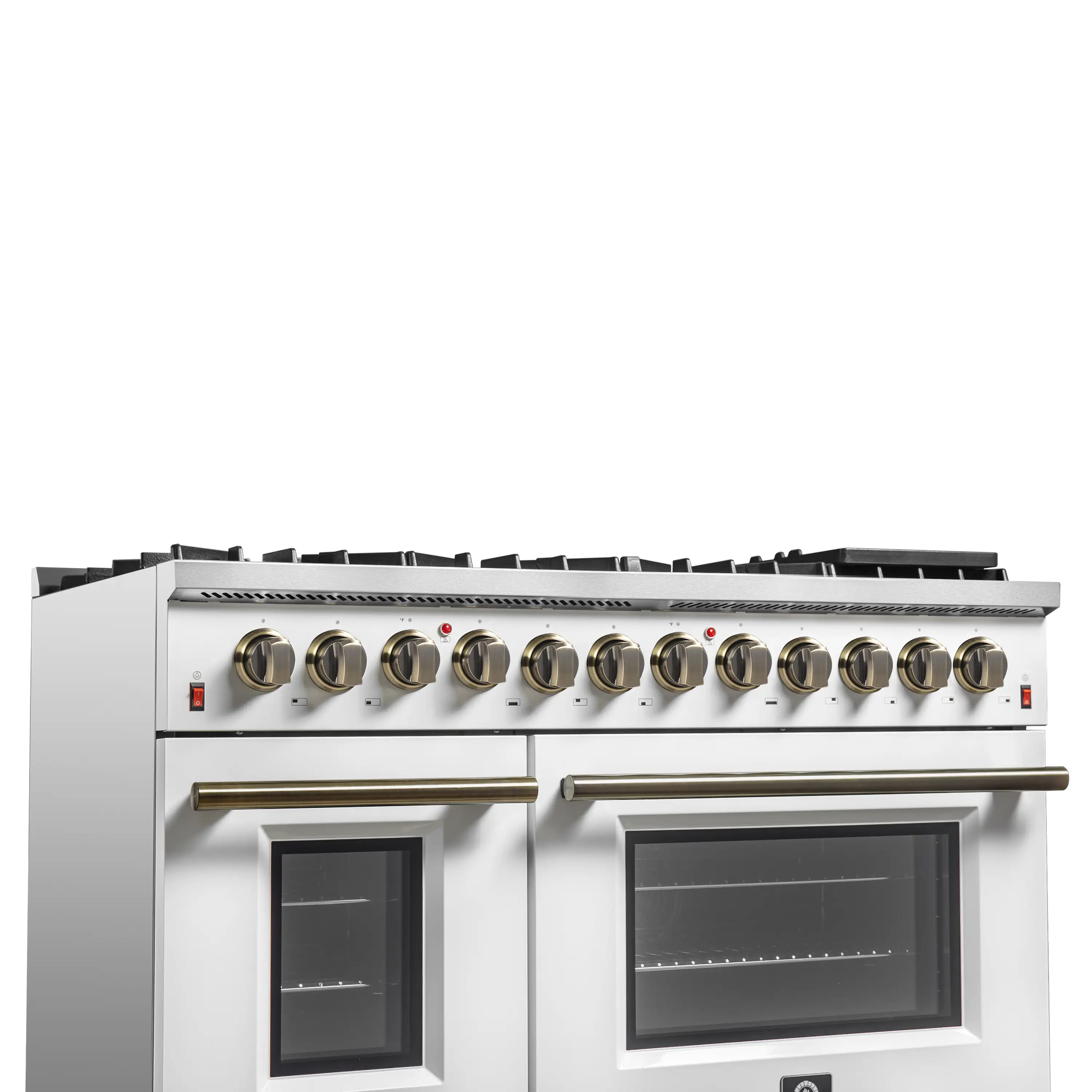 Forno 4-Piece Appliance Package - 48-Inch Dual Fuel Range, Wall Mount Range Hood, 36-Inch French Door Refrigerator, and Dishwasher in White with Antique Brass Handle - Image 9