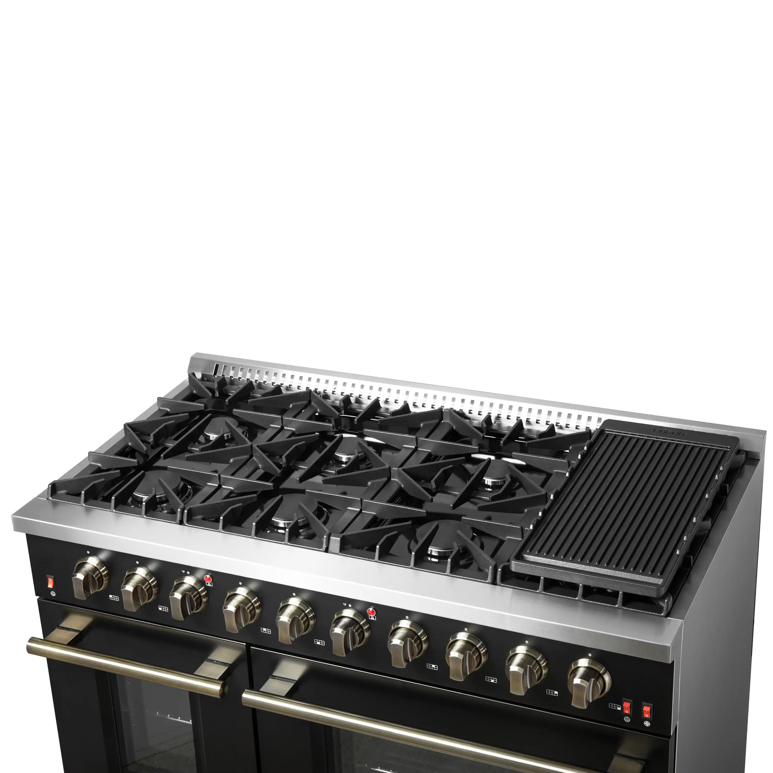 Forno 4-Piece Appliance Package - 48-Inch Gas Range, Wall Mount Range Hood, 36-Inch French Door Refrigerator, and Dishwasher in Black with Antique Brass Handle - Image 10