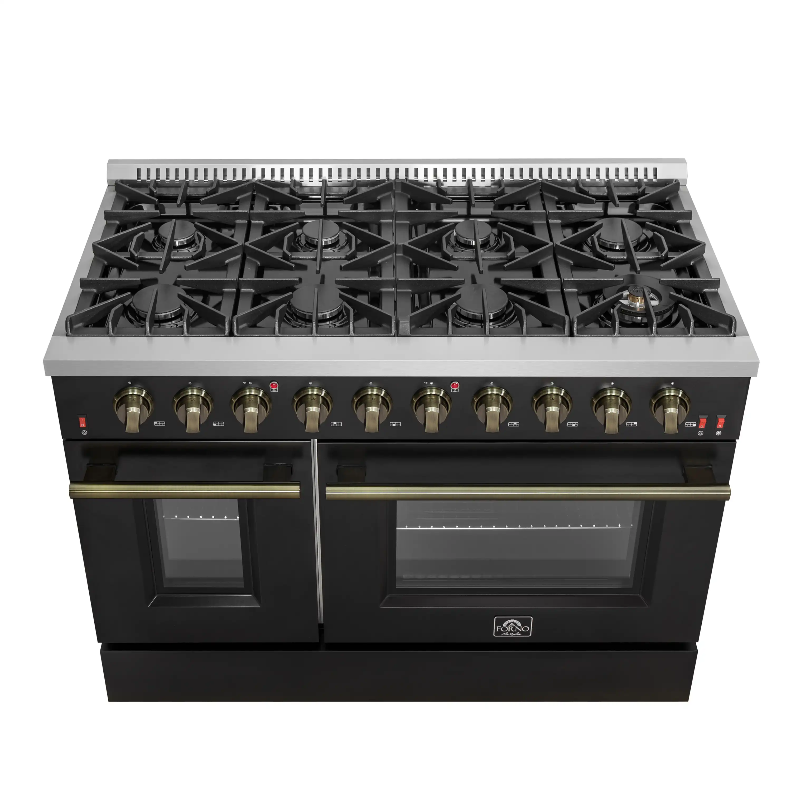 Forno 4-Piece Appliance Package - 48-Inch Gas Range, Wall Mount Range Hood, 36-Inch French Door Refrigerator, and Dishwasher in Black with Antique Brass Handle - Image 3