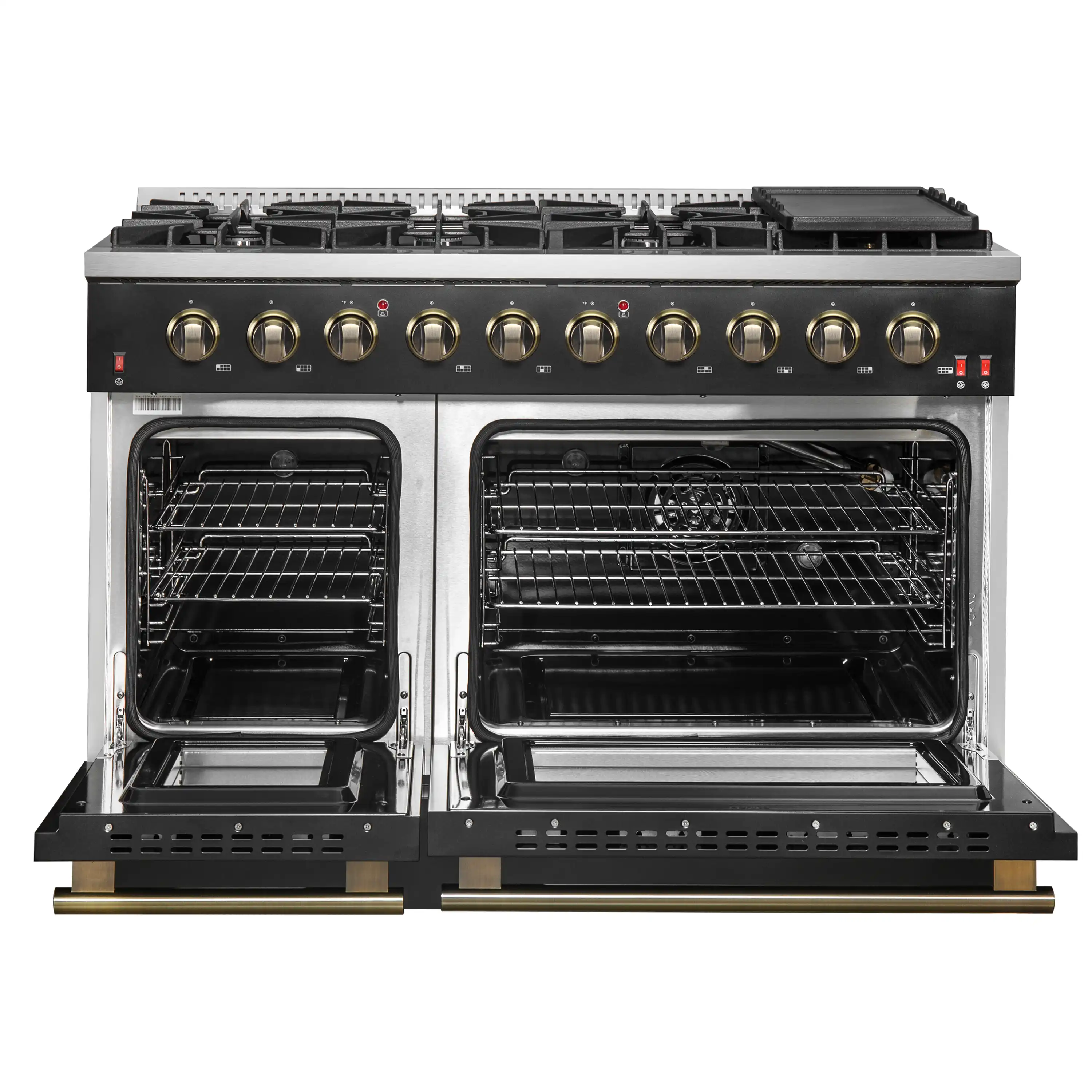 Forno 4-Piece Appliance Package - 48-Inch Gas Range, Wall Mount Range Hood, 36-Inch French Door Refrigerator, and Dishwasher in Black with Antique Brass Handle - Image 6