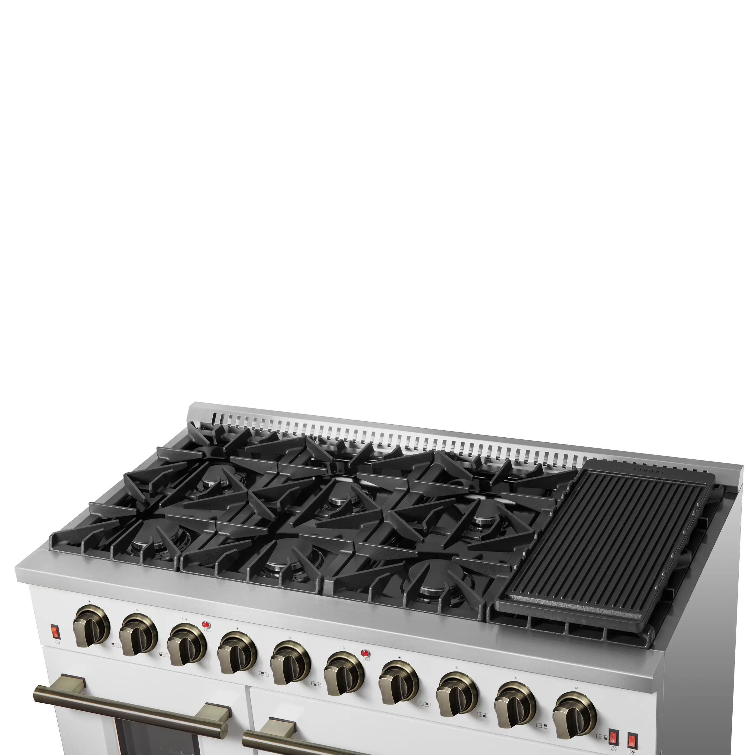 Forno 4-Piece Appliance Package - 48-Inch Gas Range, Wall Mount Range Hood, 36-Inch French Door Refrigerator, and Dishwasher in White with Antique Brass Handle - Image 11