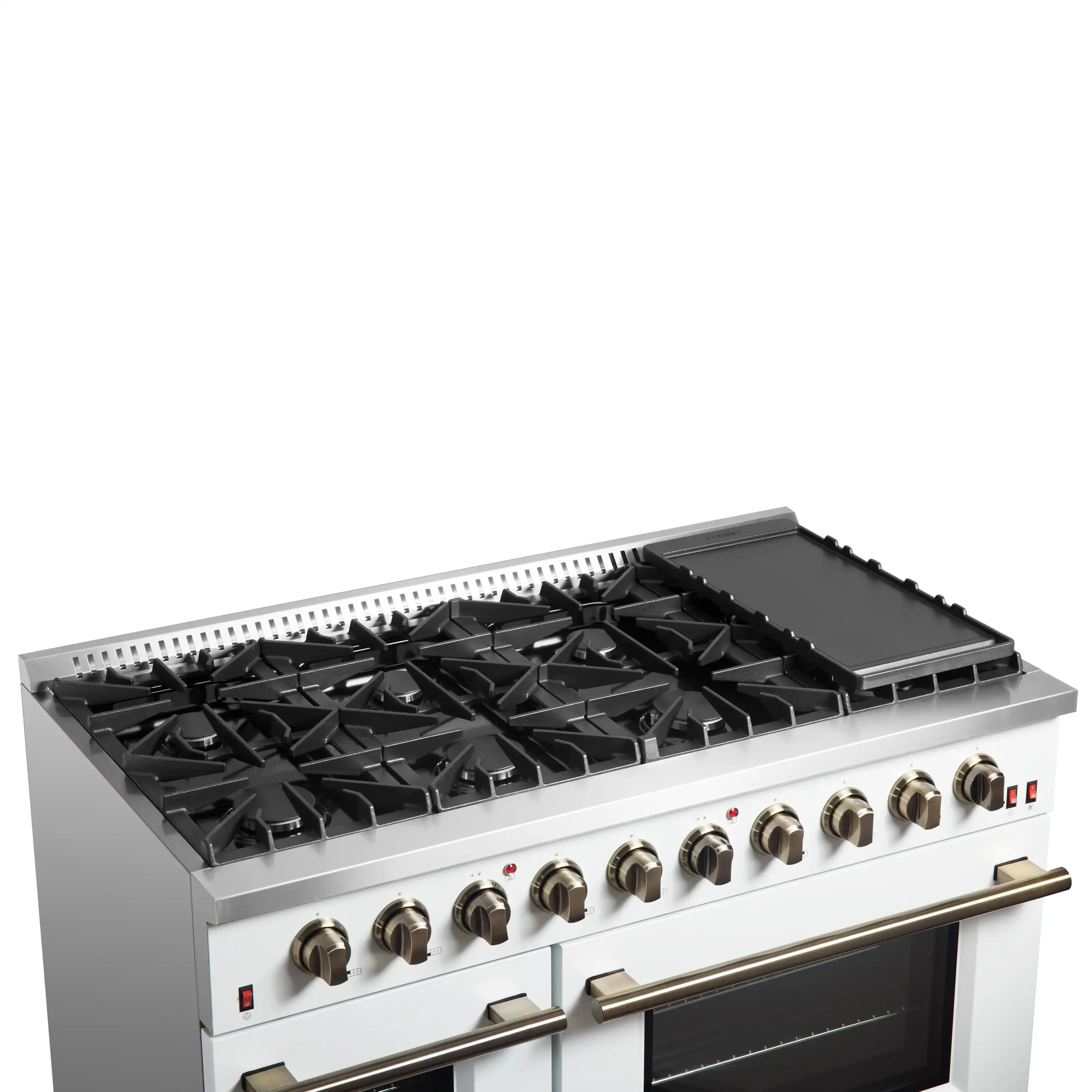 Forno 4-Piece Appliance Package - 48-Inch Gas Range, Wall Mount Range Hood, 36-Inch French Door Refrigerator, and Dishwasher in White with Antique Brass Handle - Image 12