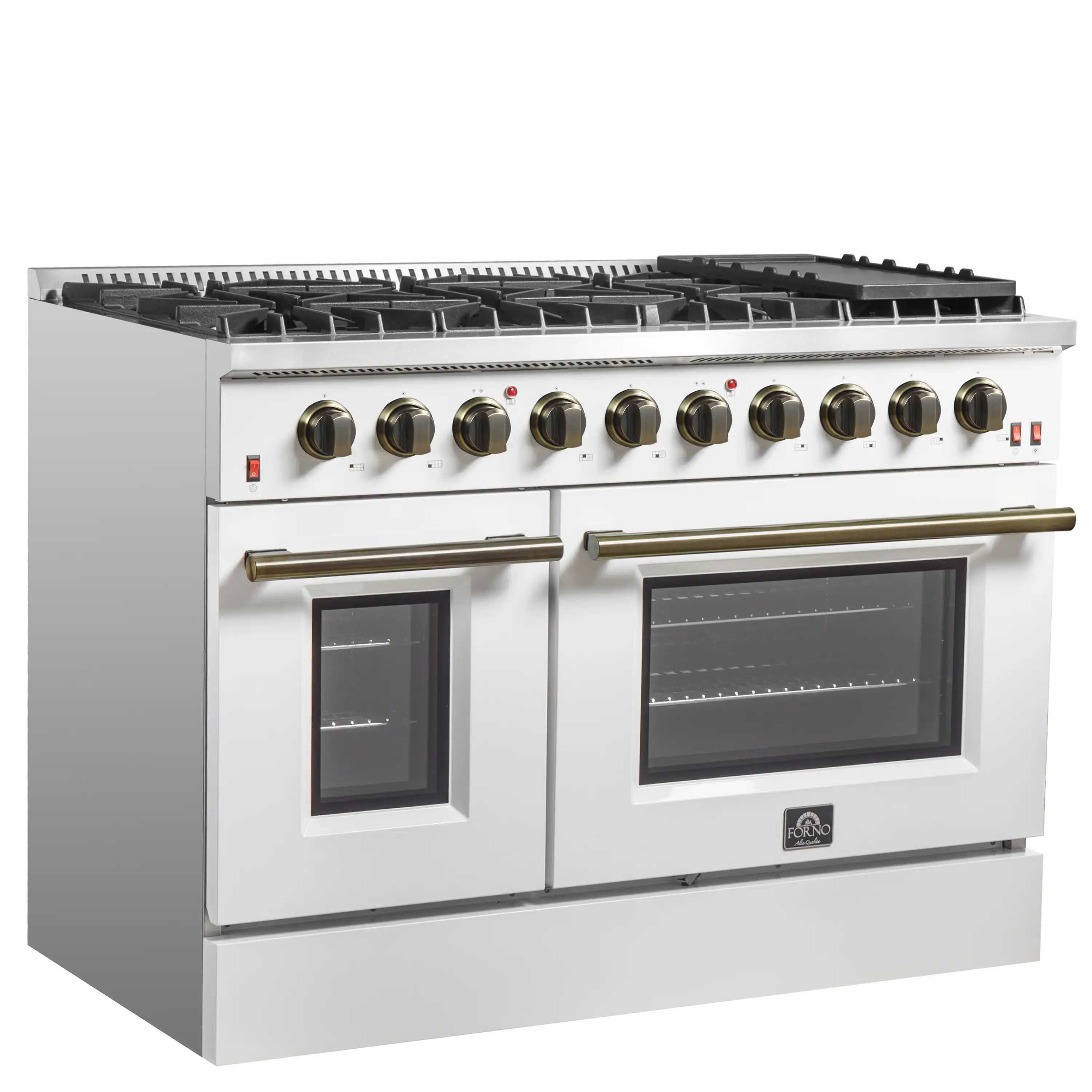 Forno 4-Piece Appliance Package - 48-Inch Gas Range, Wall Mount Range Hood, 36-Inch French Door Refrigerator, and Dishwasher in White with Antique Brass Handle - Image 4