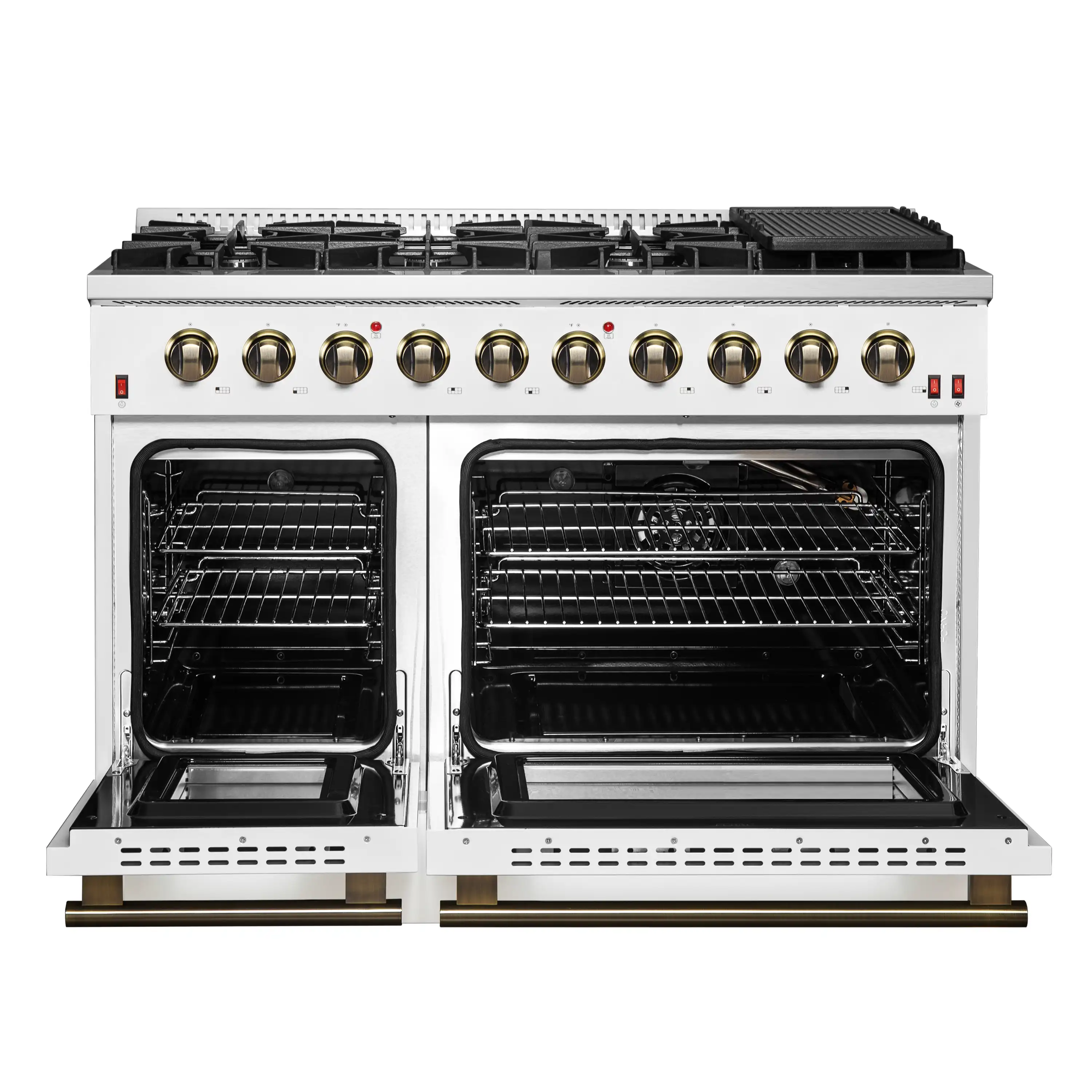 Forno 4-Piece Appliance Package - 48-Inch Gas Range, Wall Mount Range Hood, 36-Inch French Door Refrigerator, and Dishwasher in White with Antique Brass Handle - Image 5