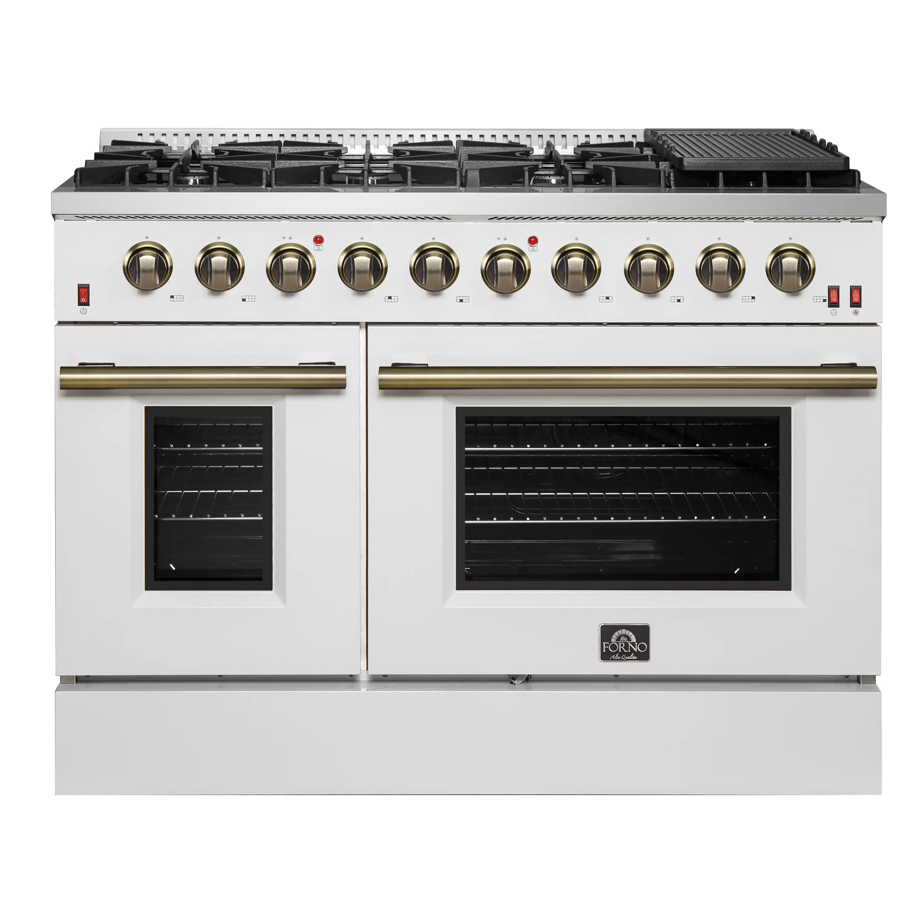 Forno 4-Piece Appliance Package - 48-Inch Gas Range, Wall Mount Range Hood, 60-Inch Built-In Convertible Refrigerator, and Dishwasher in White with Antique Brass Handle - Image 2